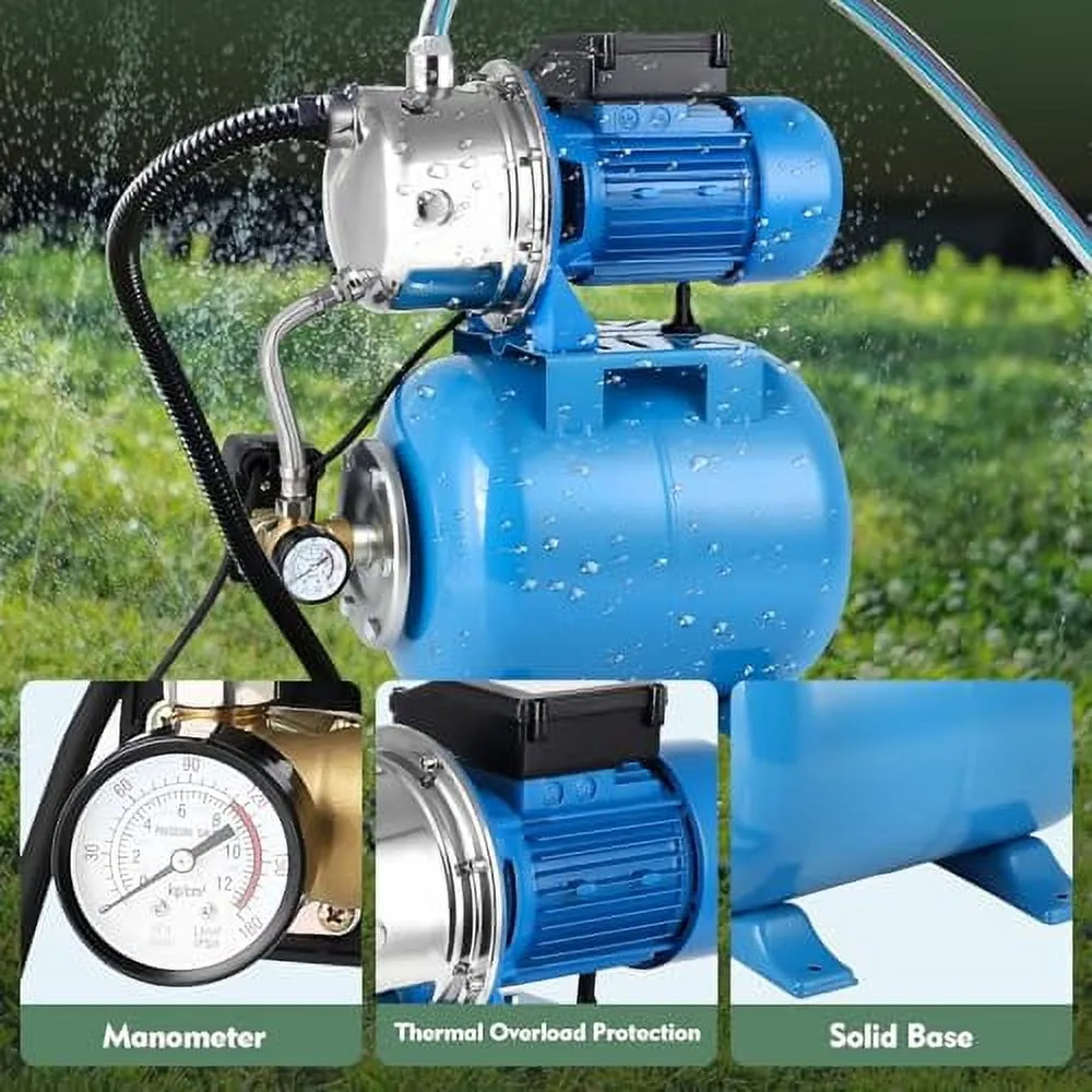 1HP Shallow Well Pump with Pressure Tank, Maximum Head 157FT, 1320GPH 115V Automatic Water Booster Jet Pump for Home, Garden, Lawn