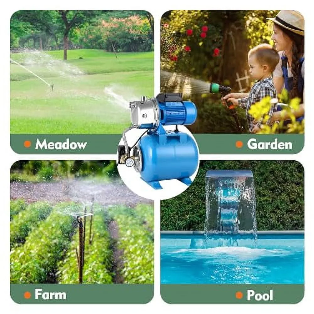 1HP Shallow Well Pump with Pressure Tank, Maximum Head 157FT, 1320GPH 115V Automatic Water Booster Jet Pump for Home, Garden, Lawn