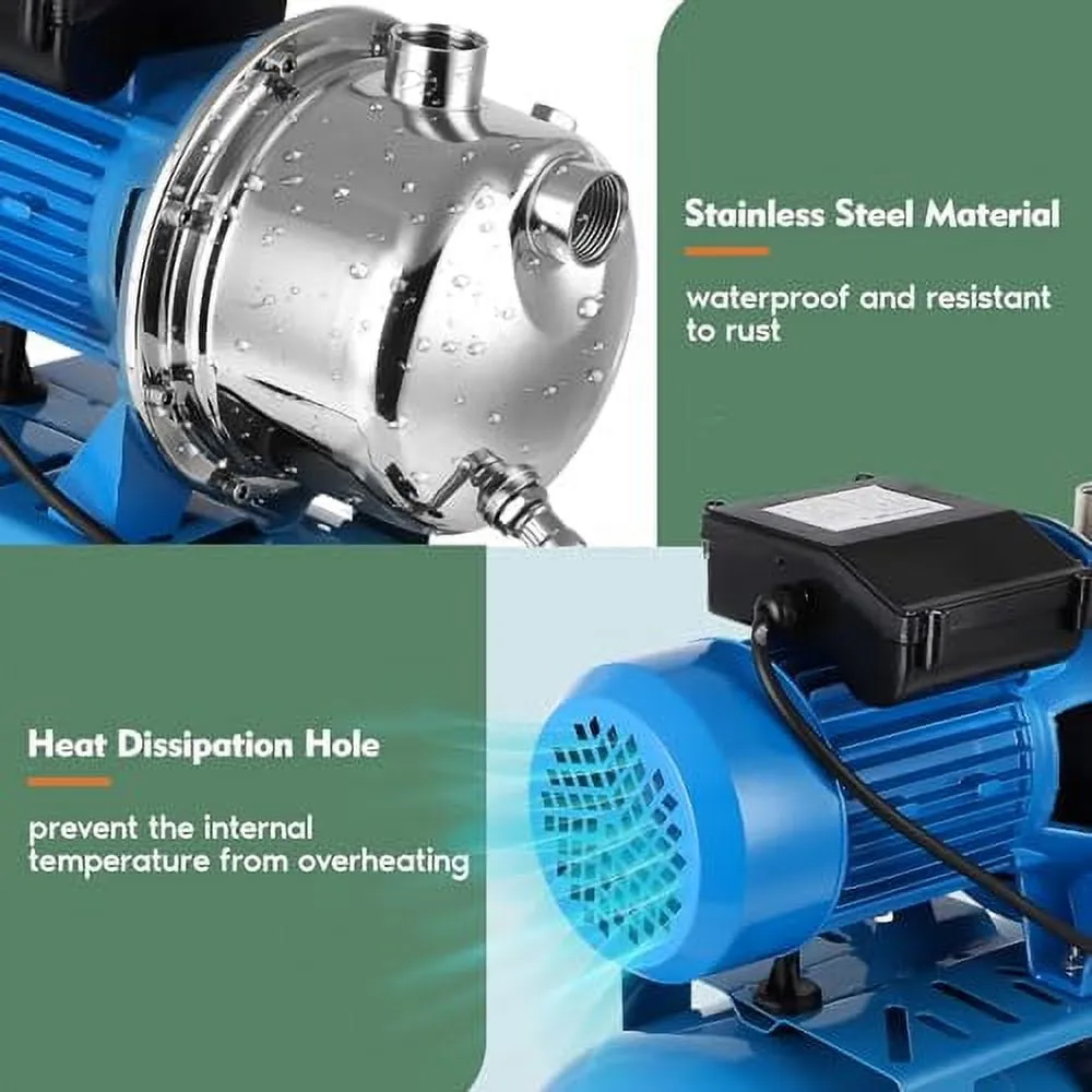 1HP Shallow Well Pump with Pressure Tank, Maximum Head 157FT, 1320GPH 115V Automatic Water Booster Jet Pump for Home, Garden, Lawn