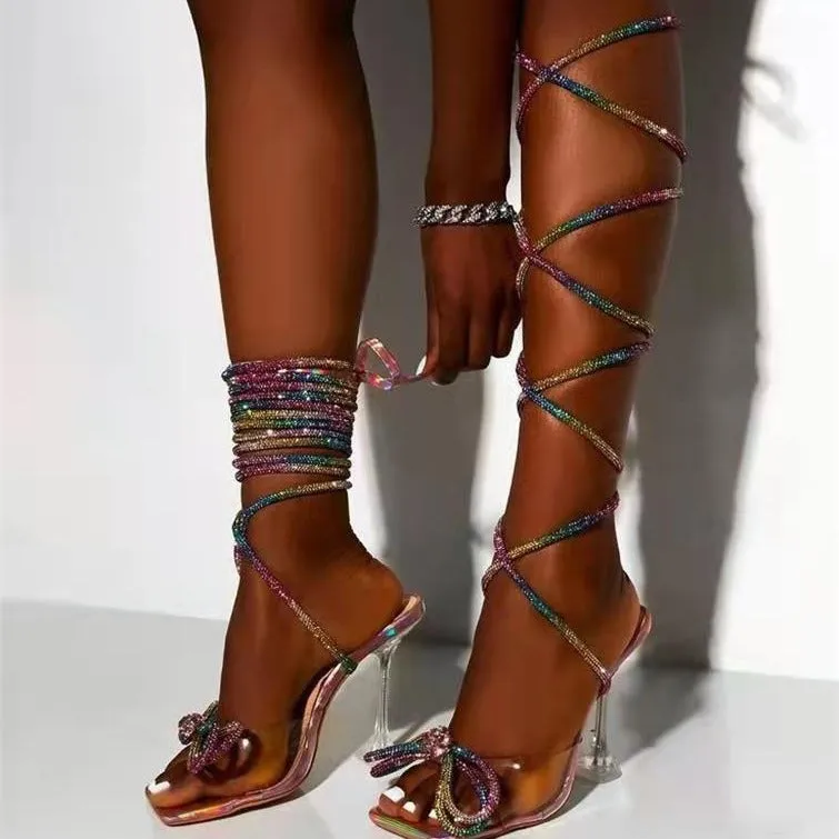 2024 Summer New Roman Diamond Tie Bow High Heel Sandals