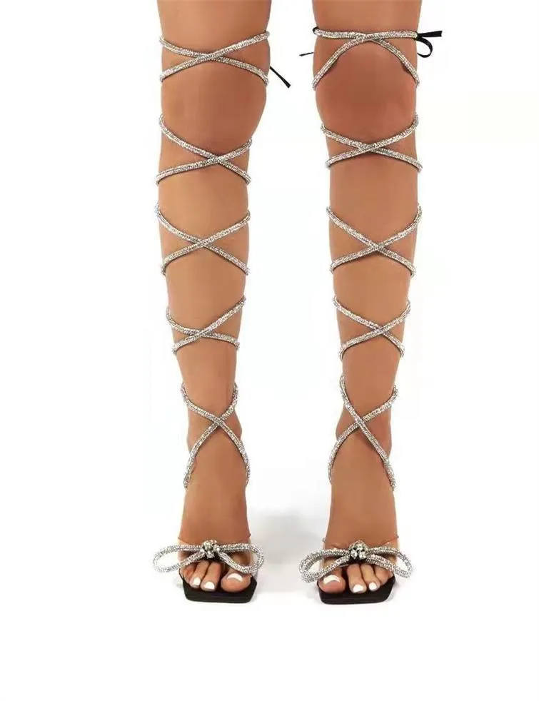 2024 Summer New Roman Diamond Tie Bow High Heel Sandals