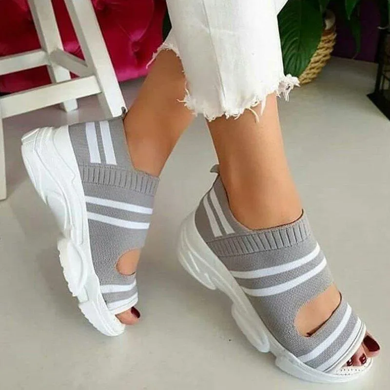 Fashionkova  New Women Sandals 2022 High Heels Platform Women Shoes Summer Female Flats Knitting Slip On Peep Toe Casual Women Sandals