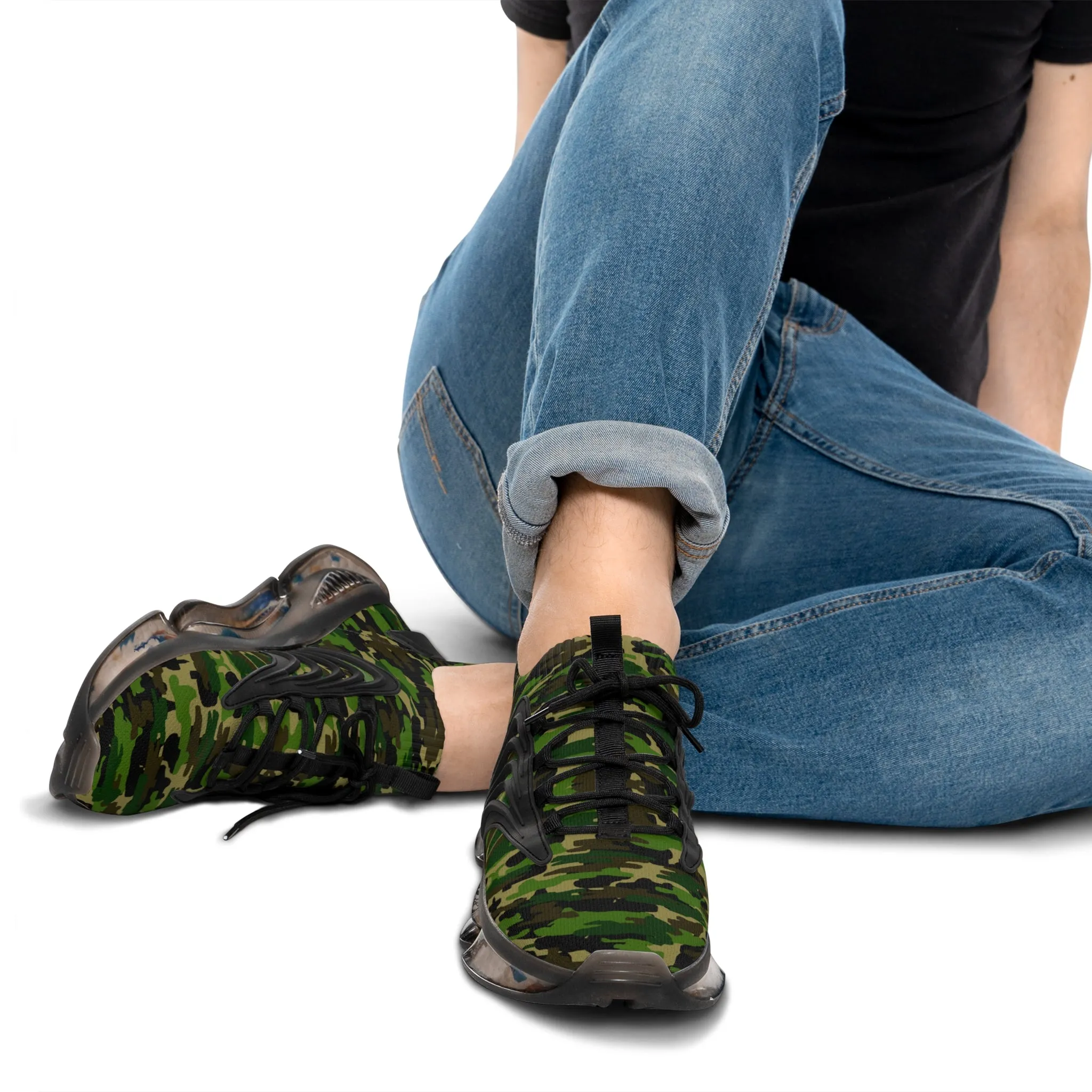 Green Camo Men's Mesh Sneakers, Green Camo Military Print Men's Sneakers Best Comfy Men's Mesh Sports Sneakers Shoes (US Size: 5-12)