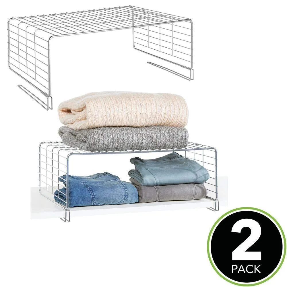 mDesign Modern Versatile Metal Closet, Cabinet Organizer Storage 2-Tier Shelf Divider and Separator for Bedrooms, Bathrooms, Entryways, Hallways, Kitchen Pantry, Office - Easy Install, 2 Pack - Chrome