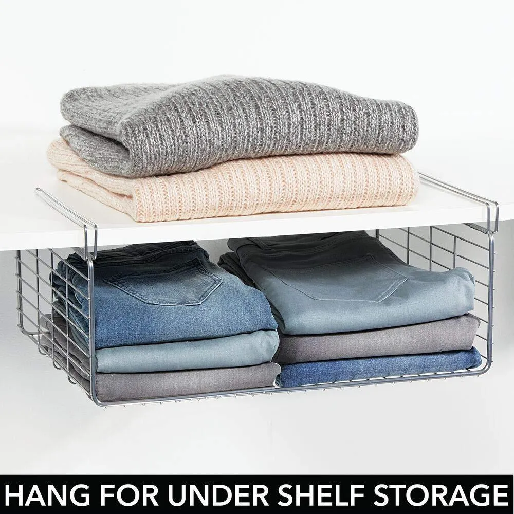 mDesign Modern Versatile Metal Closet, Cabinet Organizer Storage 2-Tier Shelf Divider and Separator for Bedrooms, Bathrooms, Entryways, Hallways, Kitchen Pantry, Office - Easy Install, 2 Pack - Chrome