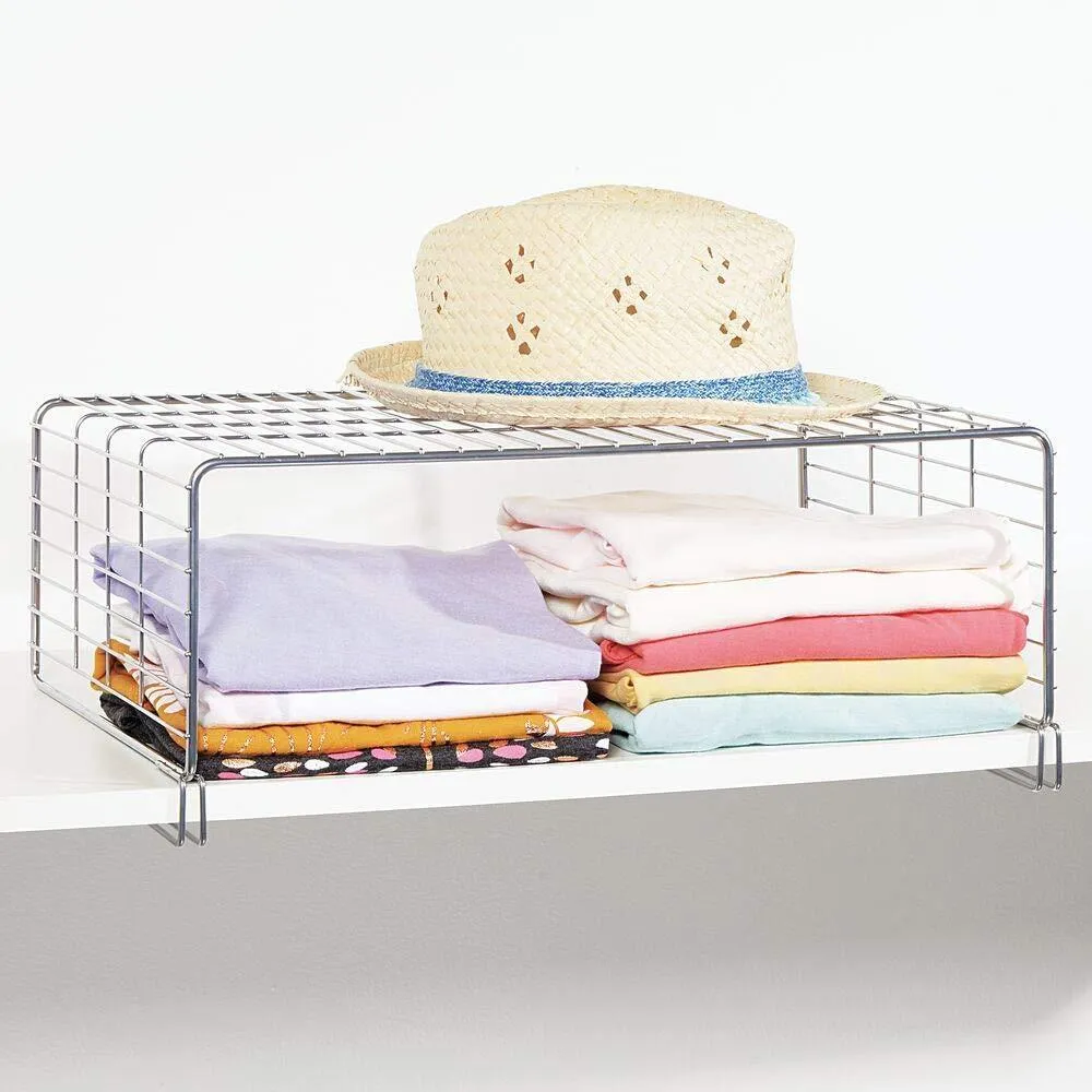 mDesign Modern Versatile Metal Closet, Cabinet Organizer Storage 2-Tier Shelf Divider and Separator for Bedrooms, Bathrooms, Entryways, Hallways, Kitchen Pantry, Office - Easy Install, 2 Pack - Chrome