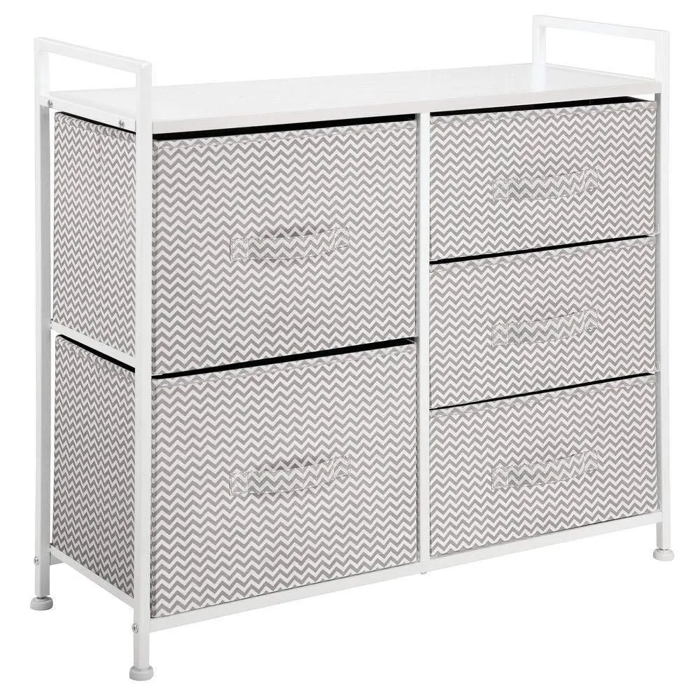 mDesign Wide Dresser Storage Tower - Sturdy Steel Frame, Wood Top, Easy Pull Fabric Bins - Organizer Unit for Bedroom, Hallway, Entryway, Closets - Chevron Print, 5 Drawers - Taupe/White