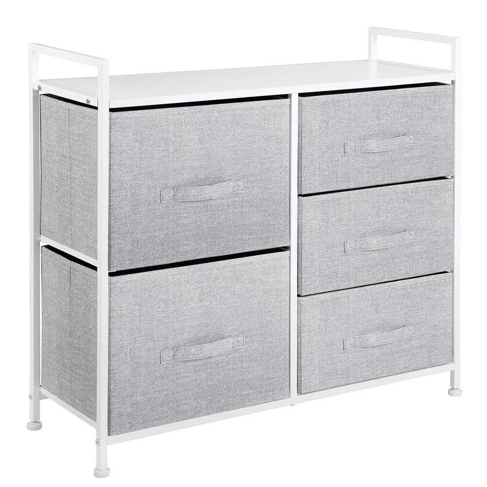 mDesign Wide Dresser Storage Tower - Sturdy Steel Frame, Wood Top, Easy Pull Fabric Bins - Organizer Unit for Bedroom, Hallway, Entryway, Closets - Textured Print, 5 Drawers - Gray/White