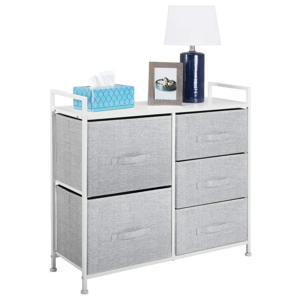 mDesign Wide Dresser Storage Tower - Sturdy Steel Frame, Wood Top, Easy Pull Fabric Bins - Organizer Unit for Bedroom, Hallway, Entryway, Closets - Textured Print, 5 Drawers - Gray/White