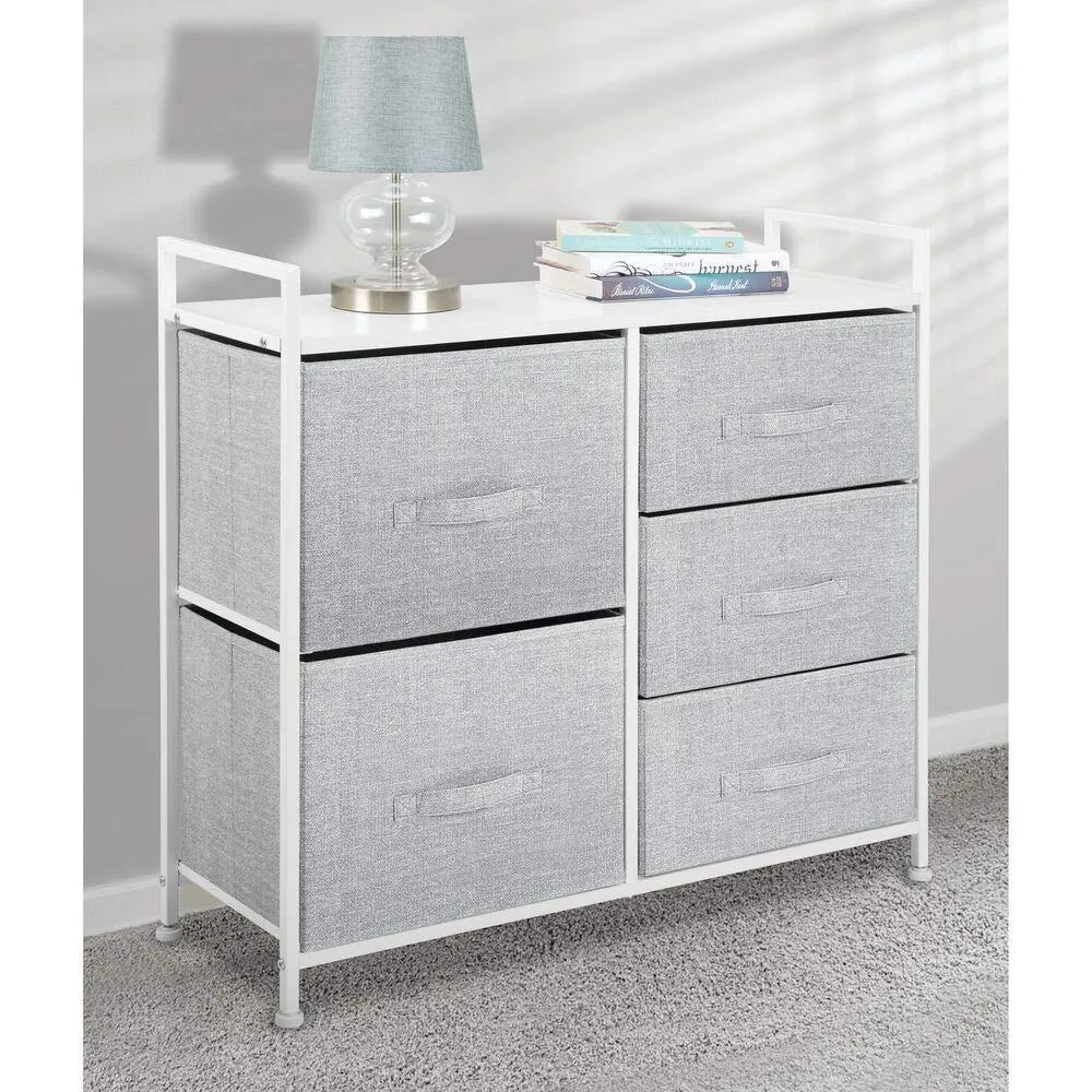 mDesign Wide Dresser Storage Tower - Sturdy Steel Frame, Wood Top, Easy Pull Fabric Bins - Organizer Unit for Bedroom, Hallway, Entryway, Closets - Textured Print, 5 Drawers - Gray/White