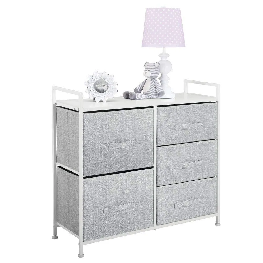 mDesign Wide Dresser Storage Tower - Sturdy Steel Frame, Wood Top, Easy Pull Fabric Bins - Organizer Unit for Bedroom, Hallway, Entryway, Closets - Textured Print, 5 Drawers - Gray/White