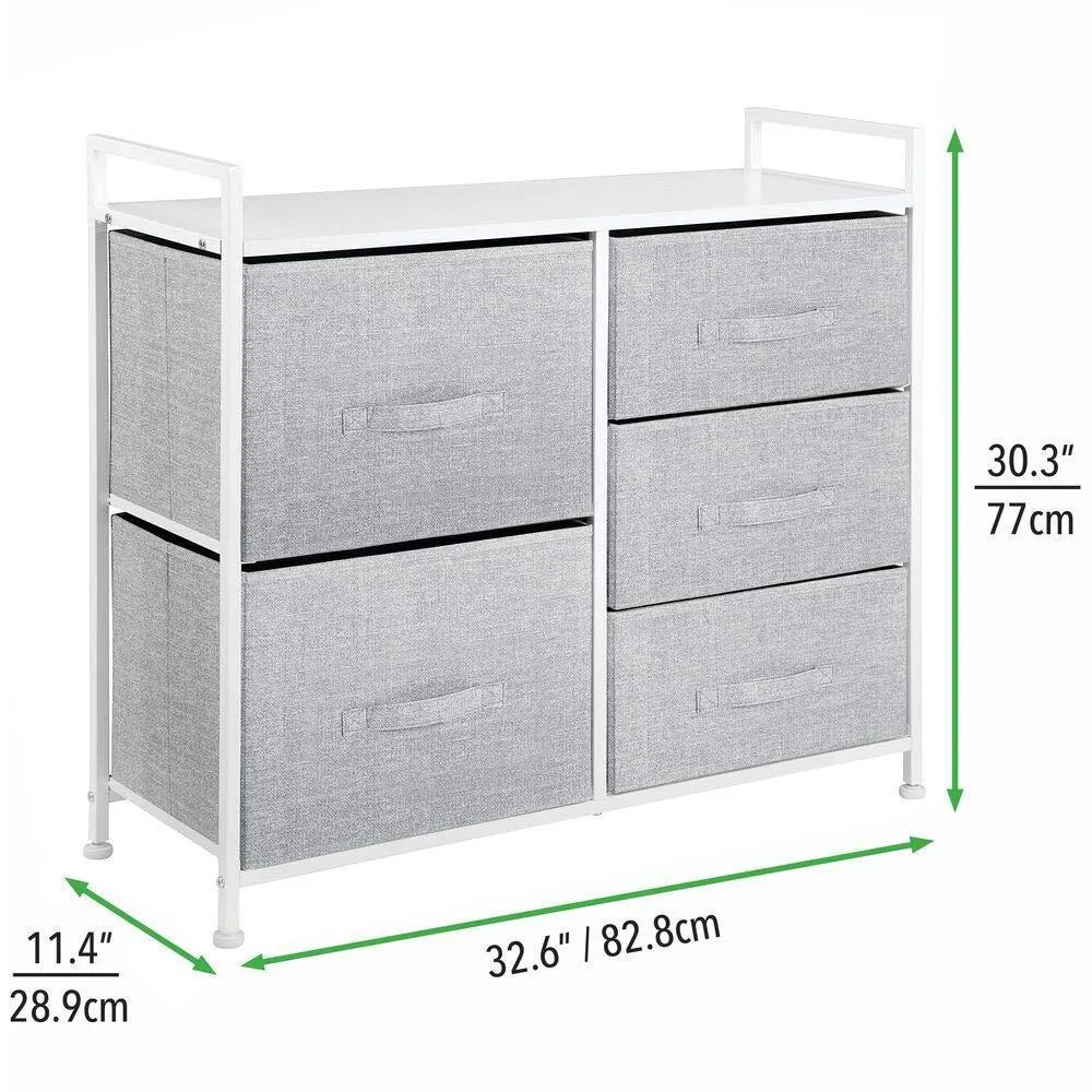 mDesign Wide Dresser Storage Tower - Sturdy Steel Frame, Wood Top, Easy Pull Fabric Bins - Organizer Unit for Bedroom, Hallway, Entryway, Closets - Textured Print, 5 Drawers - Gray/White