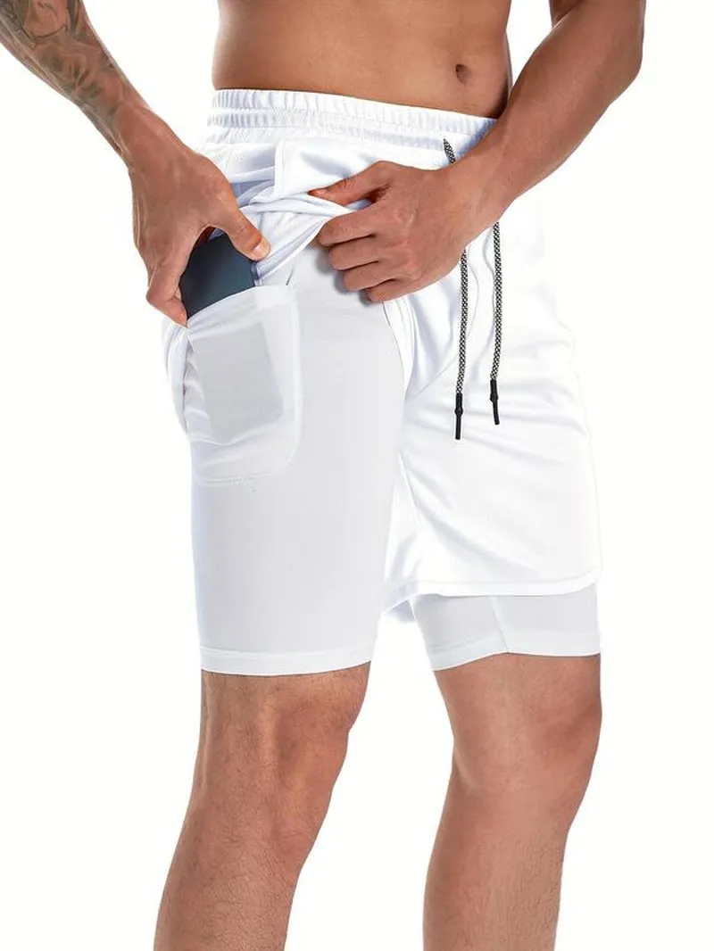 Men'S Simple Plain 2 in 1 Drawstring Shorts, Casual Shorts with Towel Loop & Phone Pockets, Back to School Outfits, Summer Shorts for Outdoor Workout Gym, Shorts for Men, Summer Clothes, Going Out Outfit, Menswear