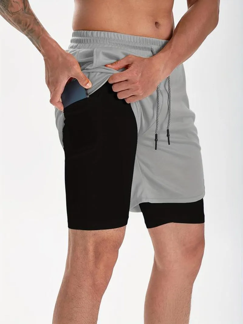 Men'S Simple Plain 2 in 1 Drawstring Shorts, Casual Shorts with Towel Loop & Phone Pockets, Back to School Outfits, Summer Shorts for Outdoor Workout Gym, Shorts for Men, Summer Clothes, Going Out Outfit, Menswear