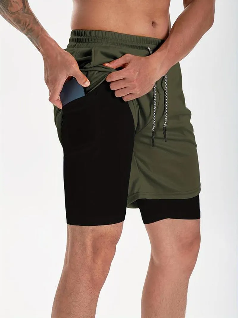 Men'S Simple Plain 2 in 1 Drawstring Shorts, Casual Shorts with Towel Loop & Phone Pockets, Back to School Outfits, Summer Shorts for Outdoor Workout Gym, Shorts for Men, Summer Clothes, Going Out Outfit, Menswear
