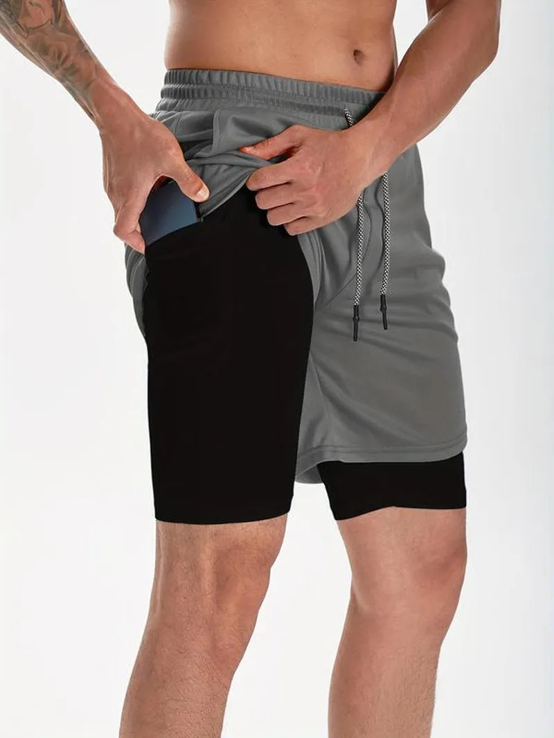 Men'S Simple Plain 2 in 1 Drawstring Shorts, Casual Shorts with Towel Loop & Phone Pockets, Back to School Outfits, Summer Shorts for Outdoor Workout Gym, Shorts for Men, Summer Clothes, Going Out Outfit, Menswear
