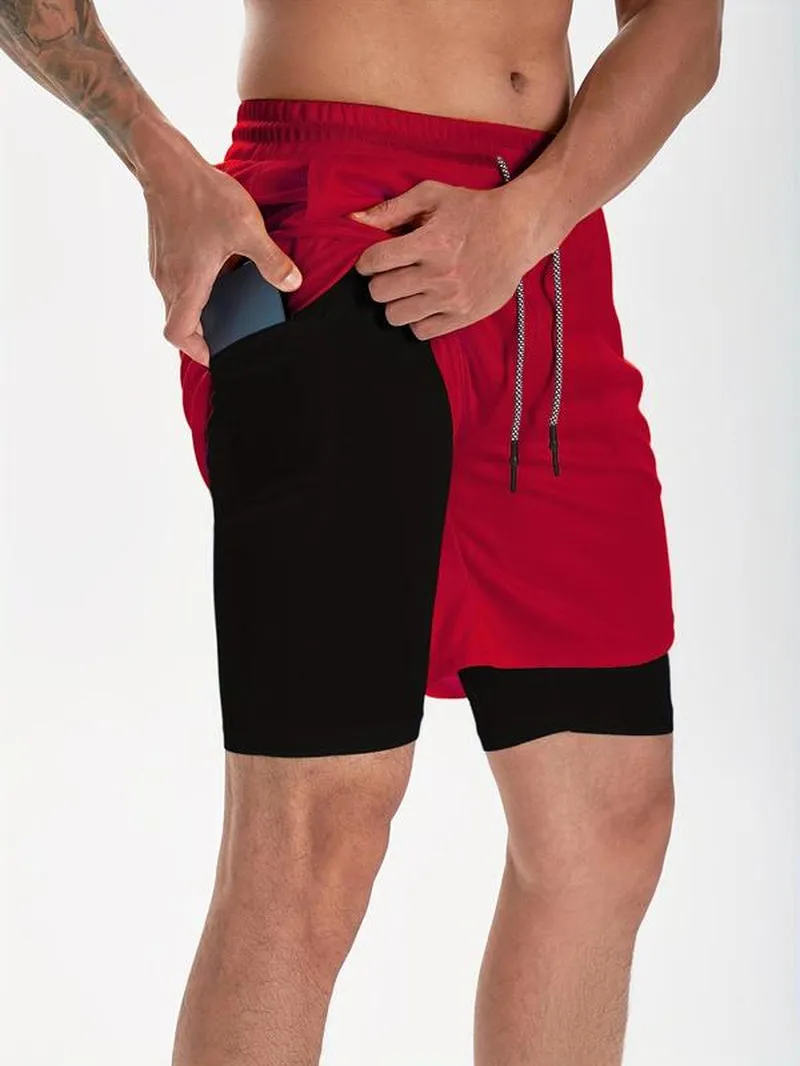 Men'S Simple Plain 2 in 1 Drawstring Shorts, Casual Shorts with Towel Loop & Phone Pockets, Back to School Outfits, Summer Shorts for Outdoor Workout Gym, Shorts for Men, Summer Clothes, Going Out Outfit, Menswear