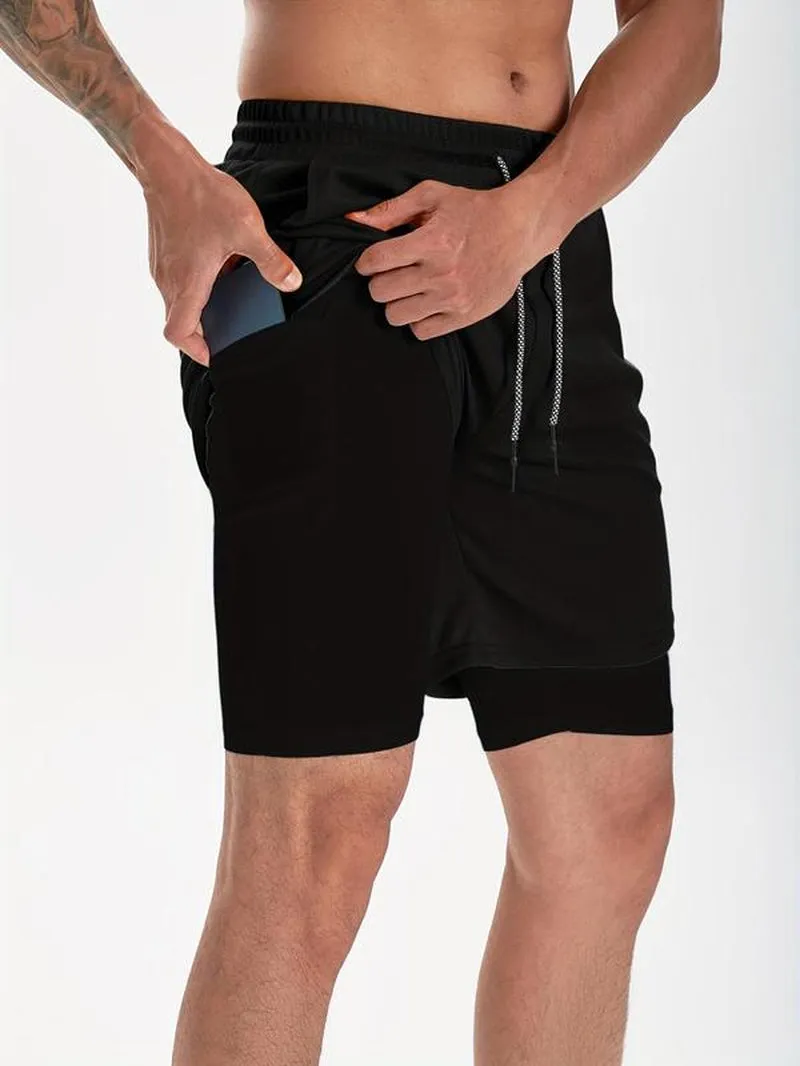 Men'S Simple Plain 2 in 1 Drawstring Shorts, Casual Shorts with Towel Loop & Phone Pockets, Back to School Outfits, Summer Shorts for Outdoor Workout Gym, Shorts for Men, Summer Clothes, Going Out Outfit, Menswear