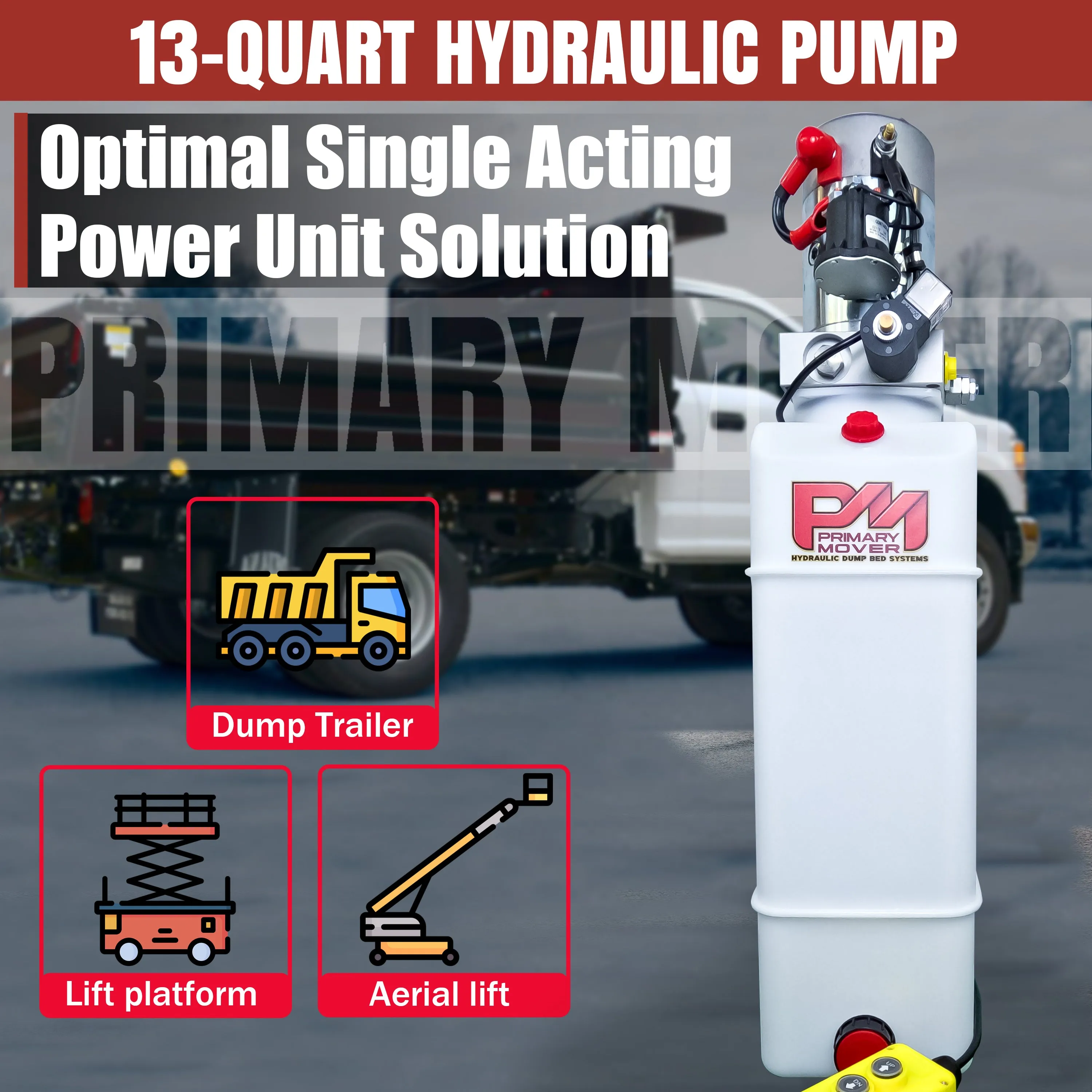 Primary Mover 12V Single-Acting Hydraulic Pump - Poly Reservoir