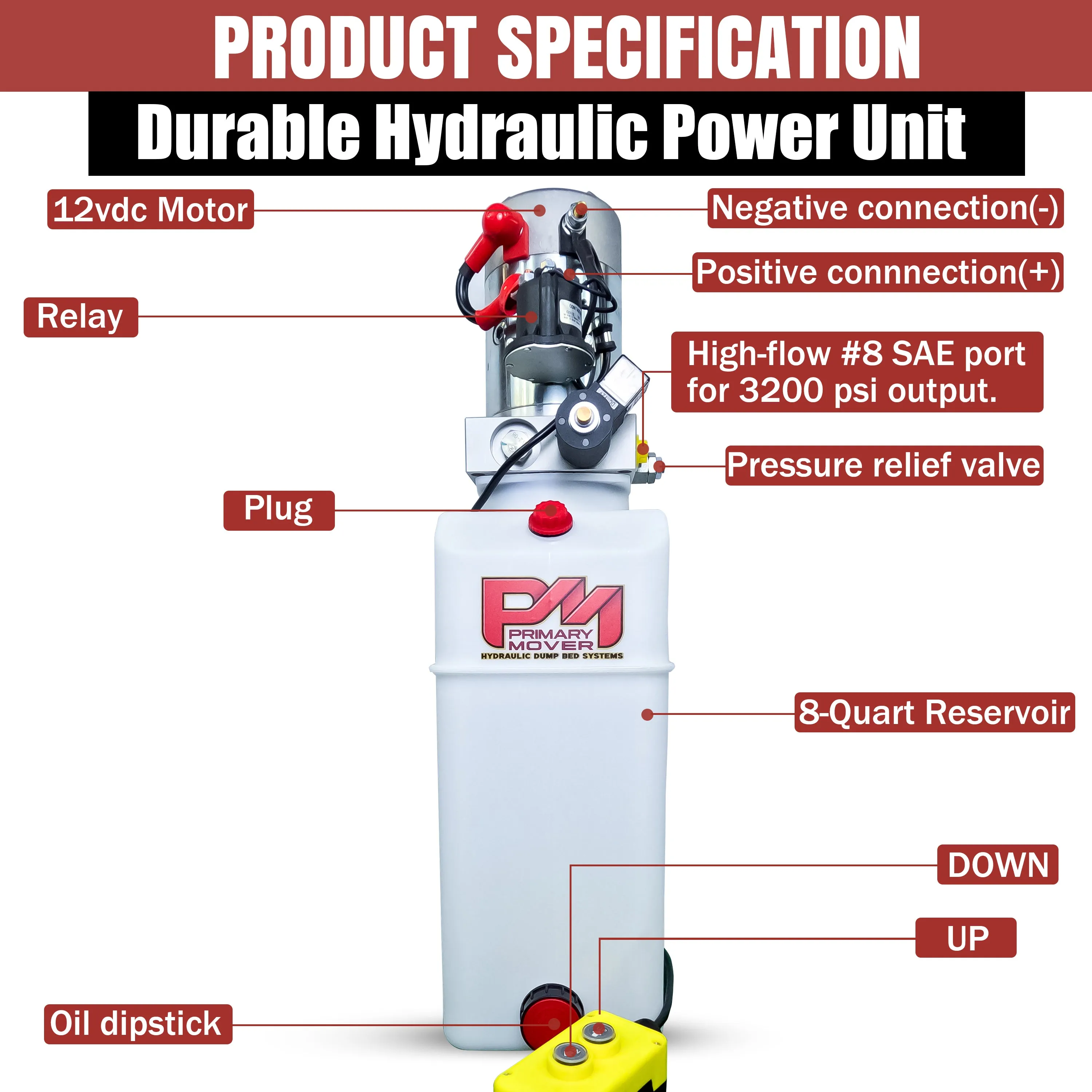 Primary Mover 12V Single-Acting Hydraulic Pump - Poly Reservoir