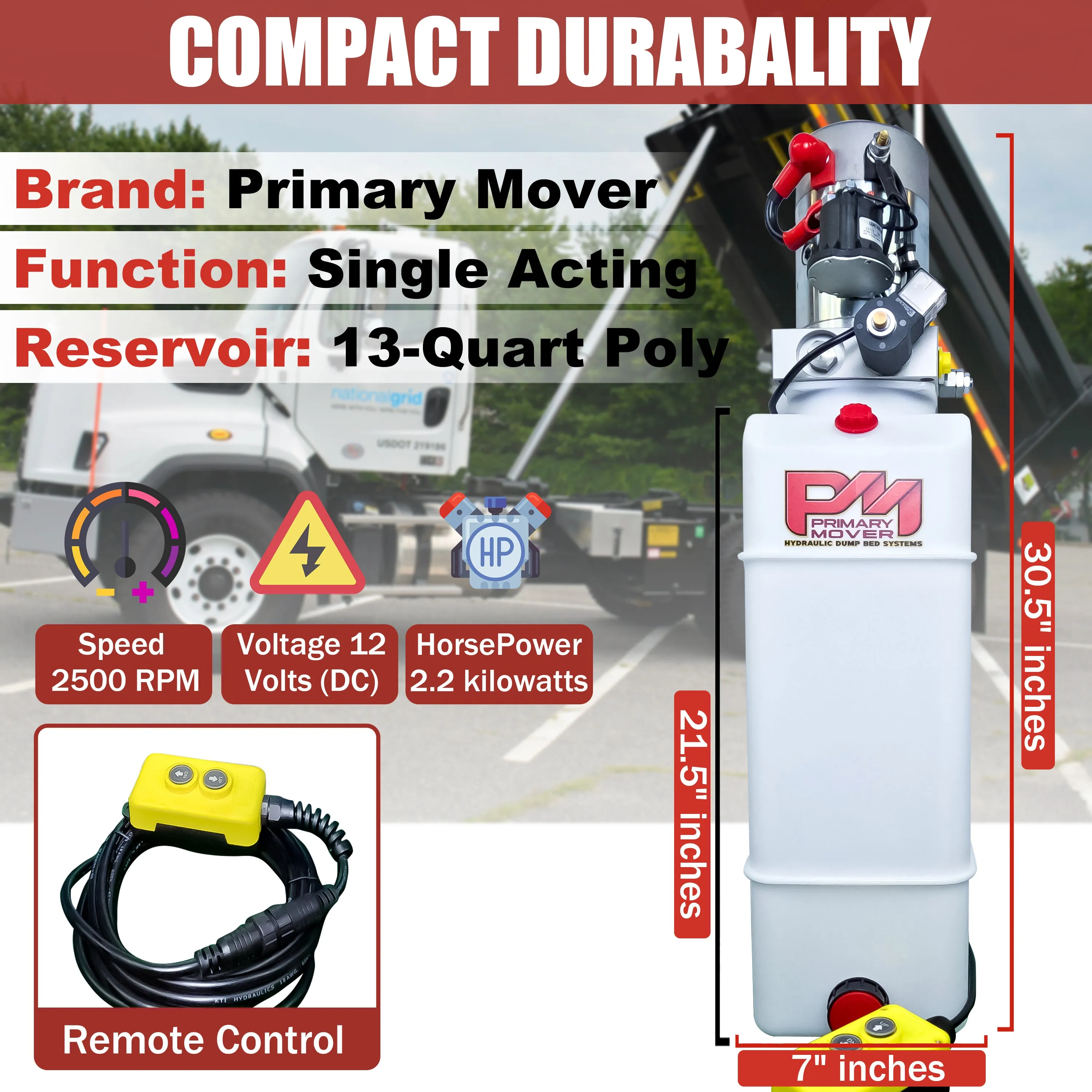 Primary Mover 12V Single-Acting Hydraulic Pump - Poly Reservoir