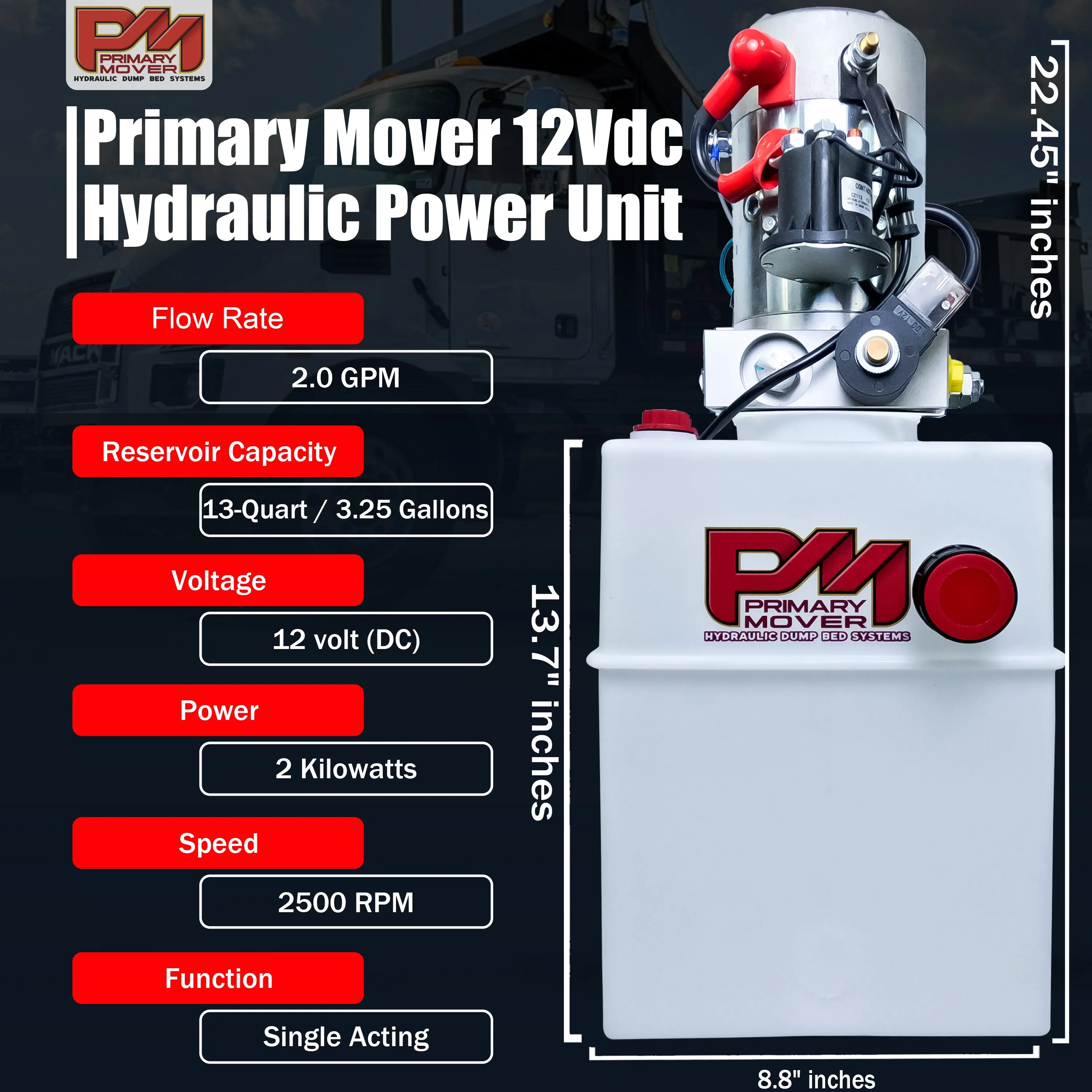 Primary Mover 12V Single-Acting Hydraulic Pump - Poly Reservoir