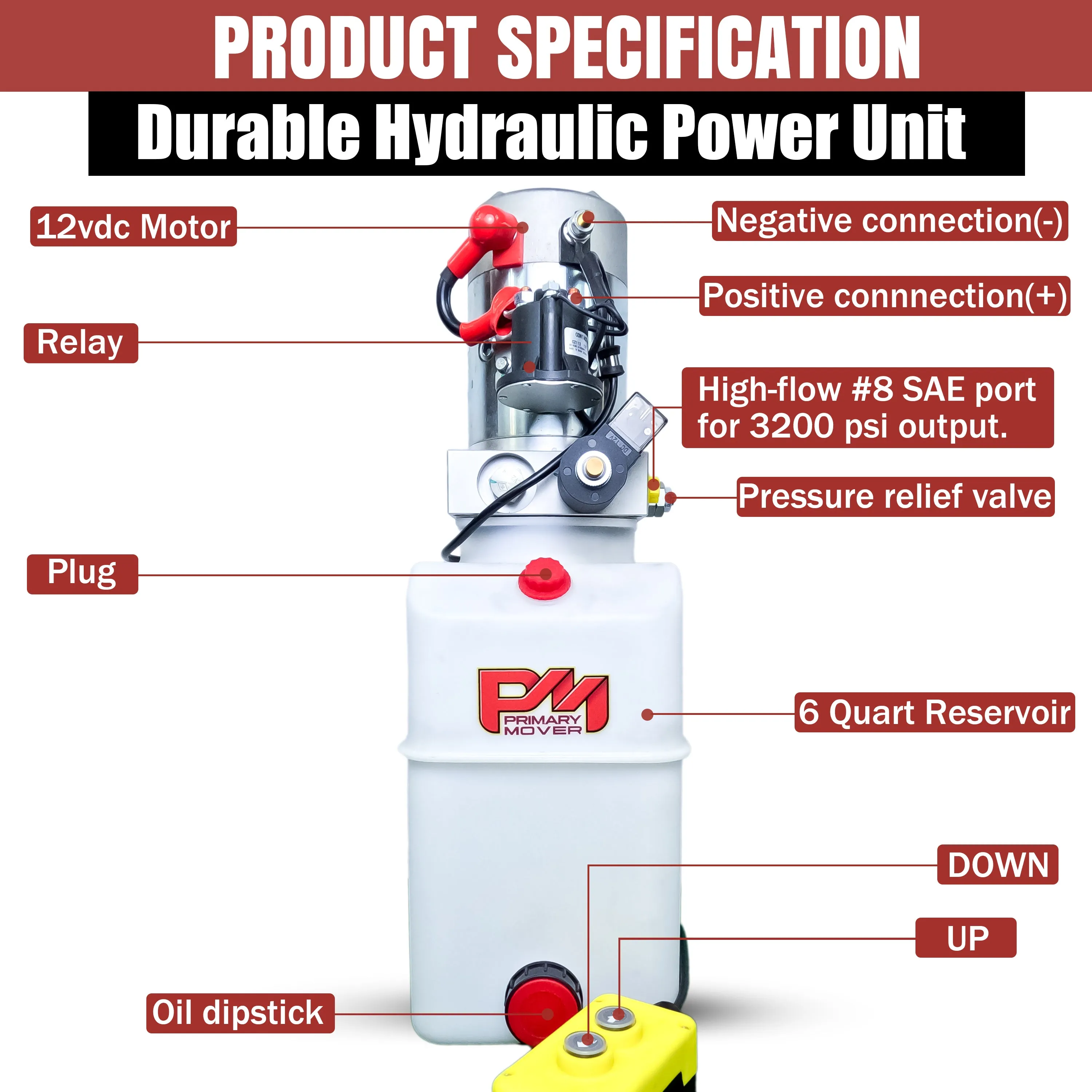 Primary Mover 12V Single-Acting Hydraulic Pump - Poly Reservoir