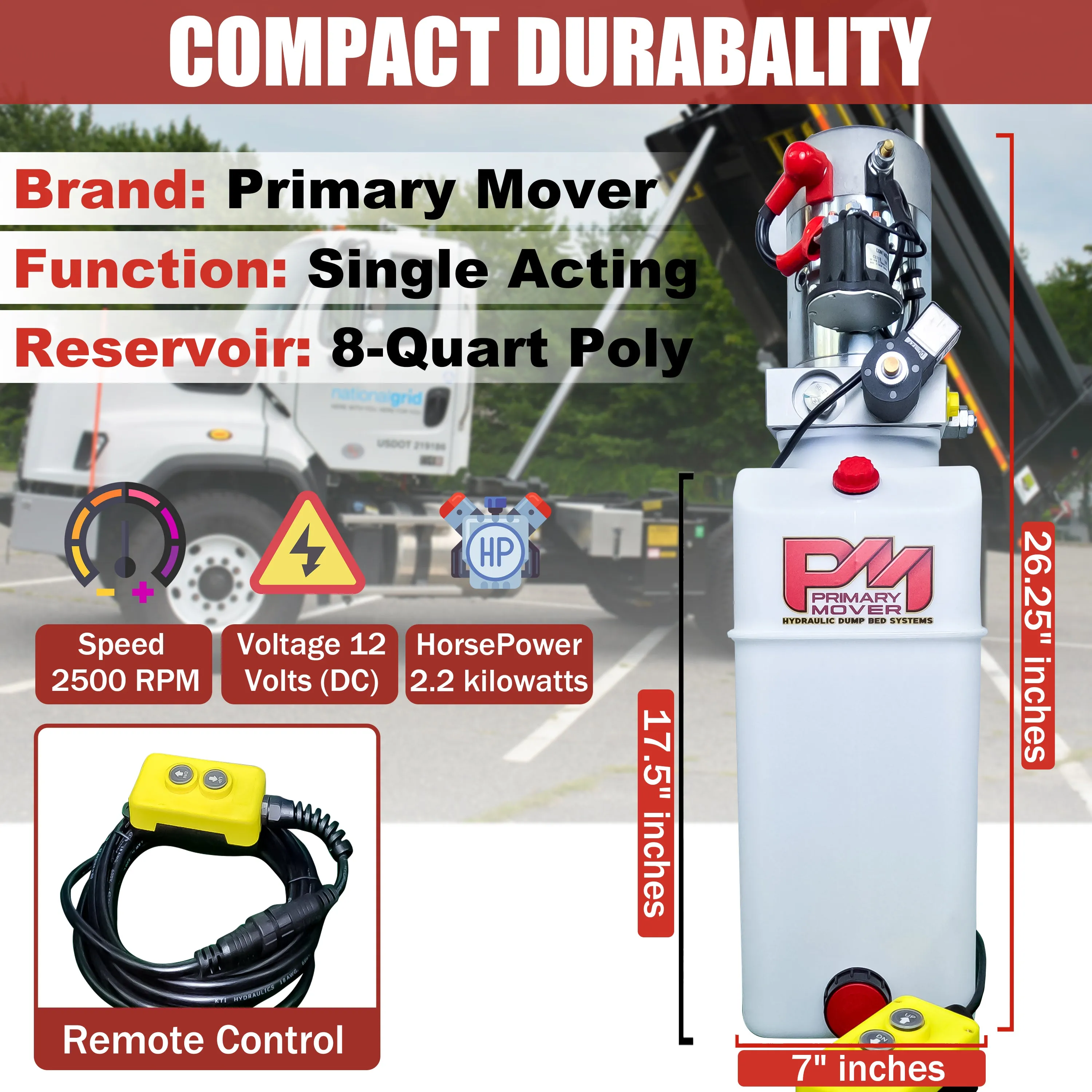 Primary Mover 12V Single-Acting Hydraulic Pump - Poly Reservoir