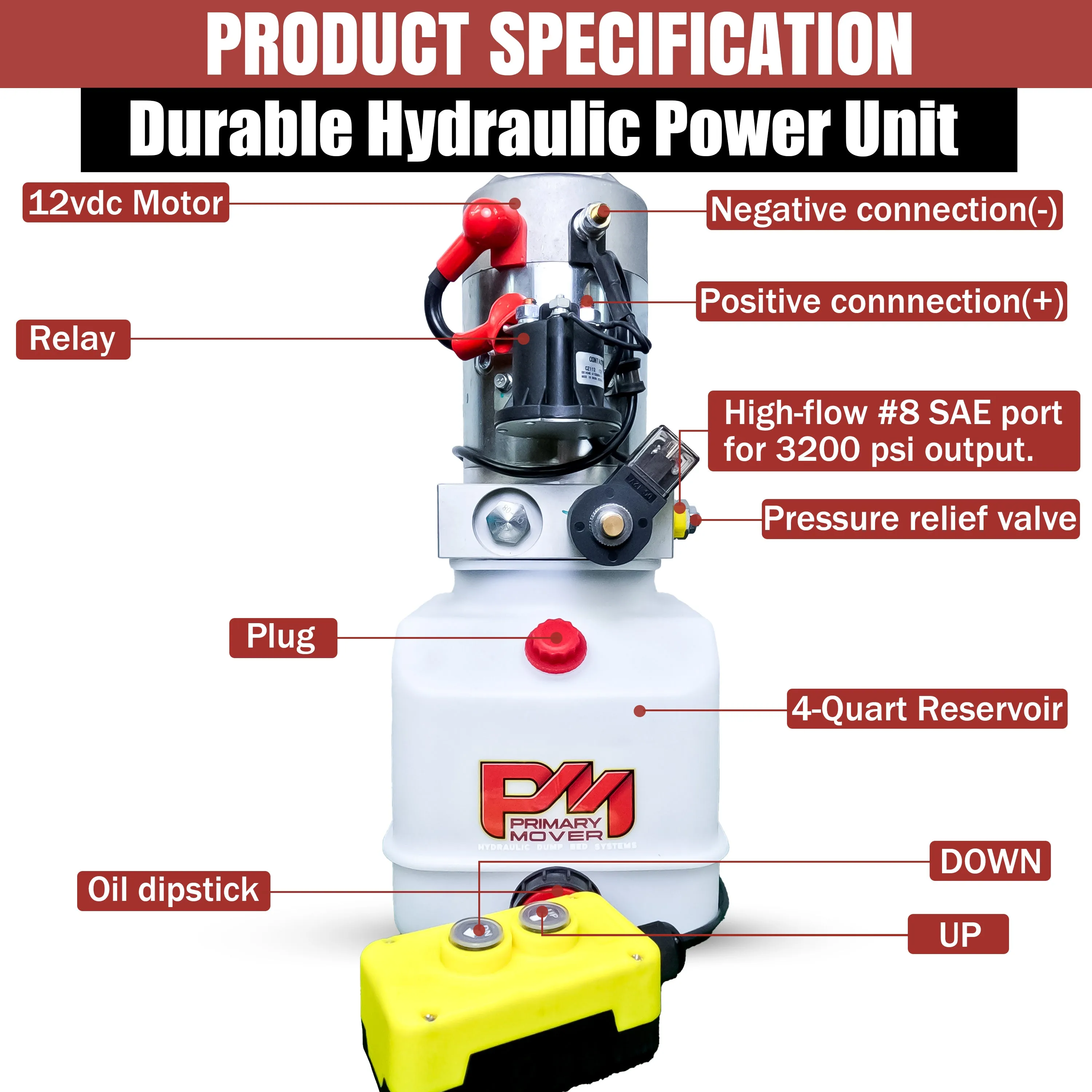 Primary Mover 12V Single-Acting Hydraulic Pump - Poly Reservoir