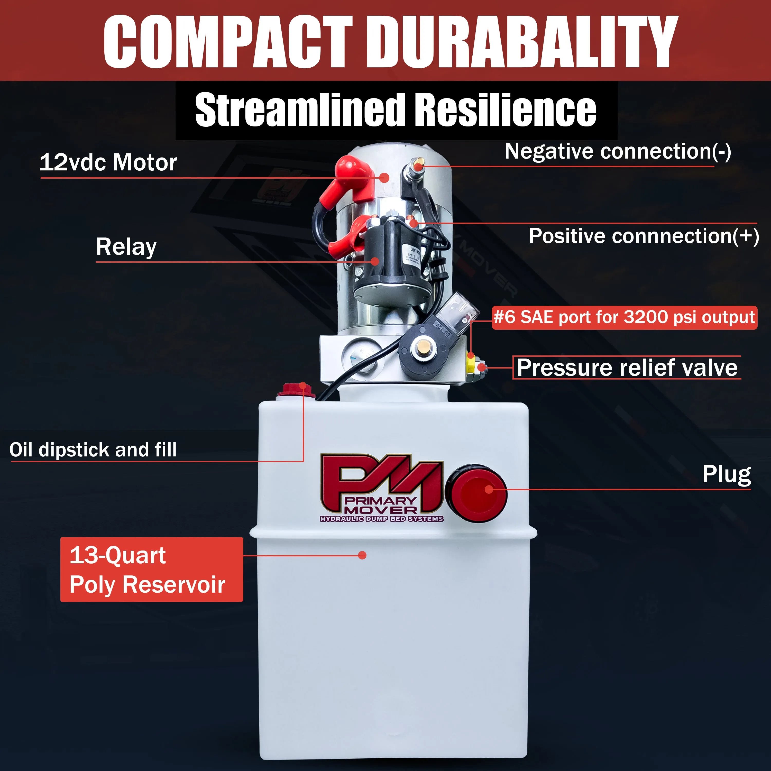 Primary Mover 12V Single-Acting Hydraulic Pump - Poly Reservoir