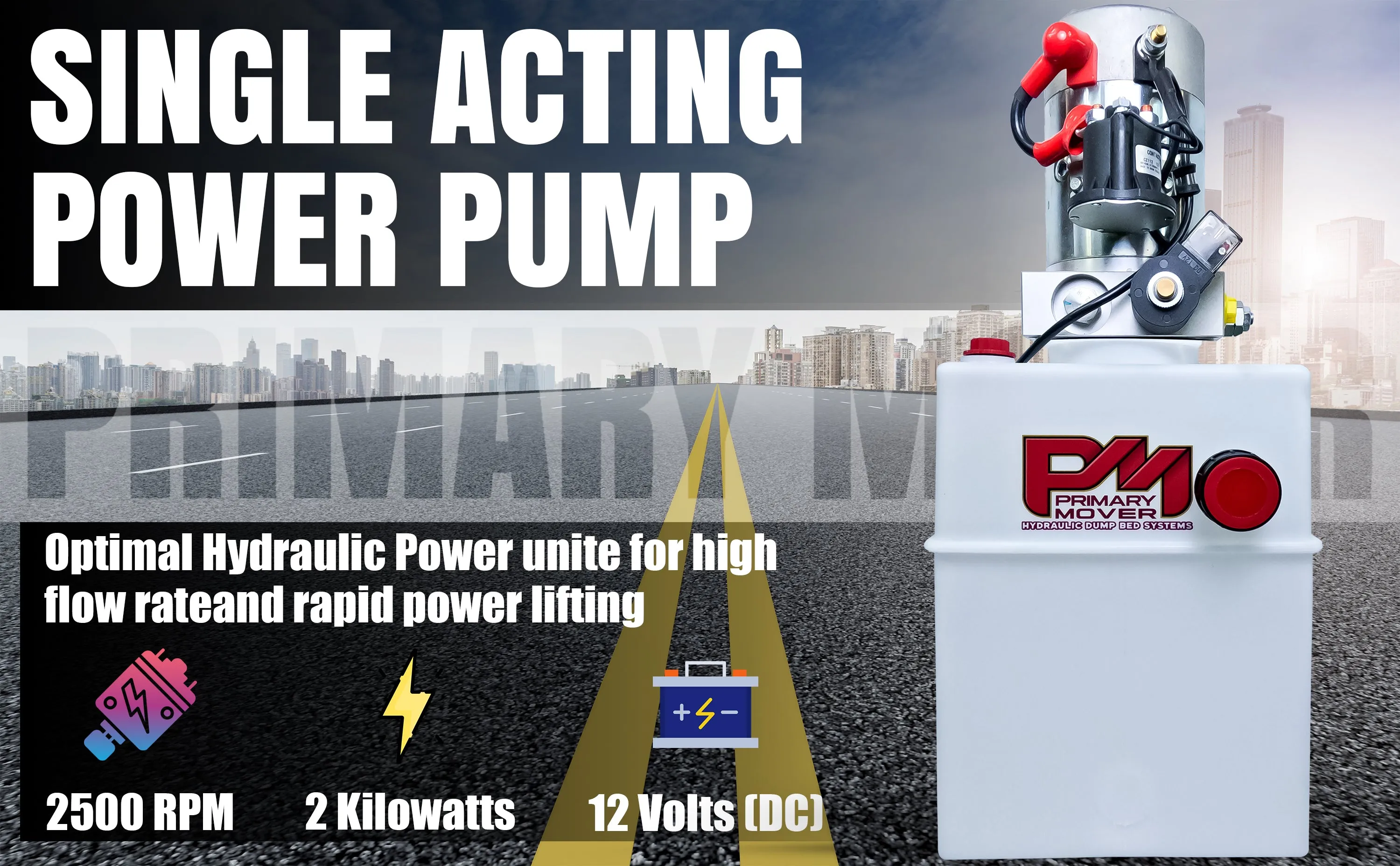 Primary Mover 12V Single-Acting Hydraulic Pump - Poly Reservoir