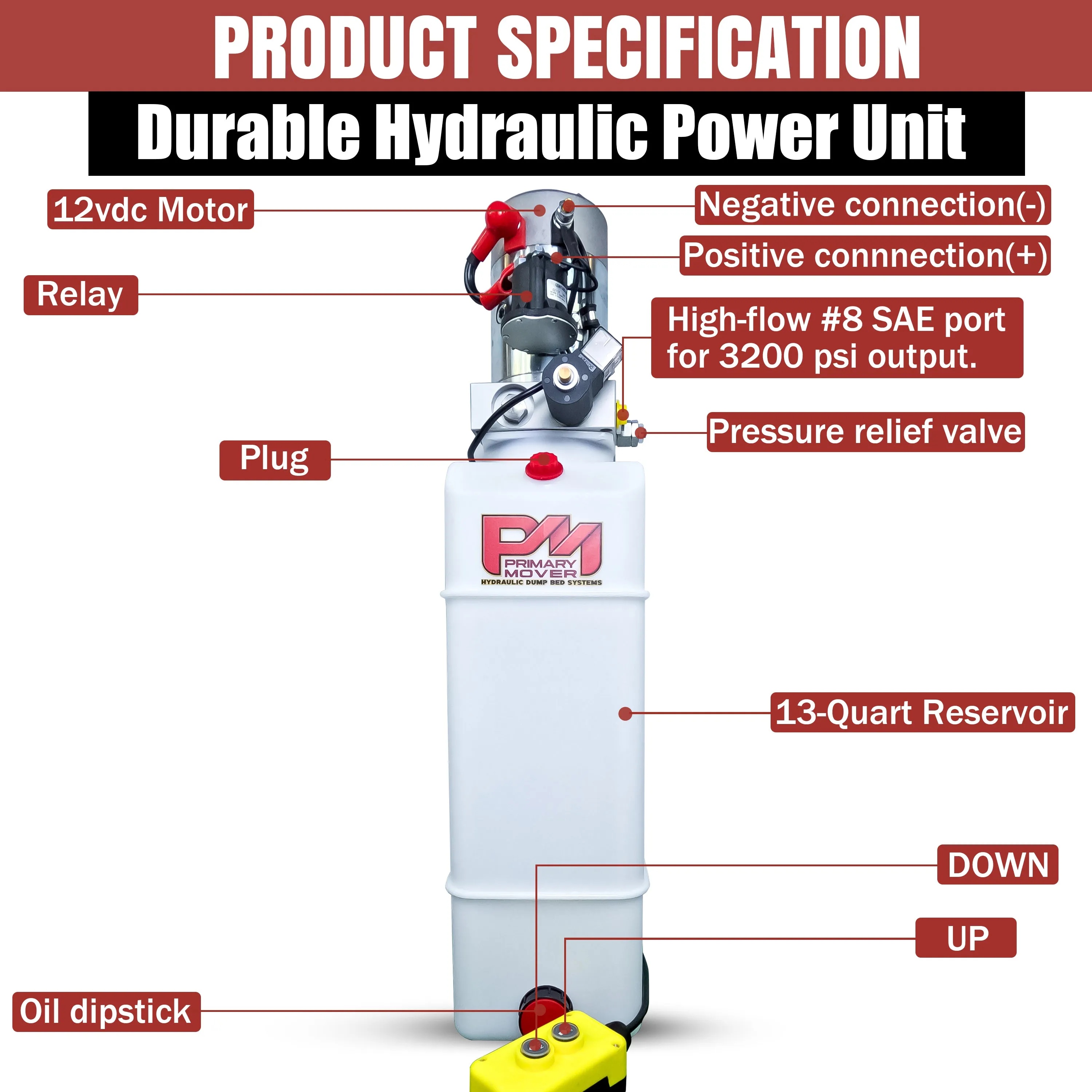 Primary Mover 12V Single-Acting Hydraulic Pump - Poly Reservoir