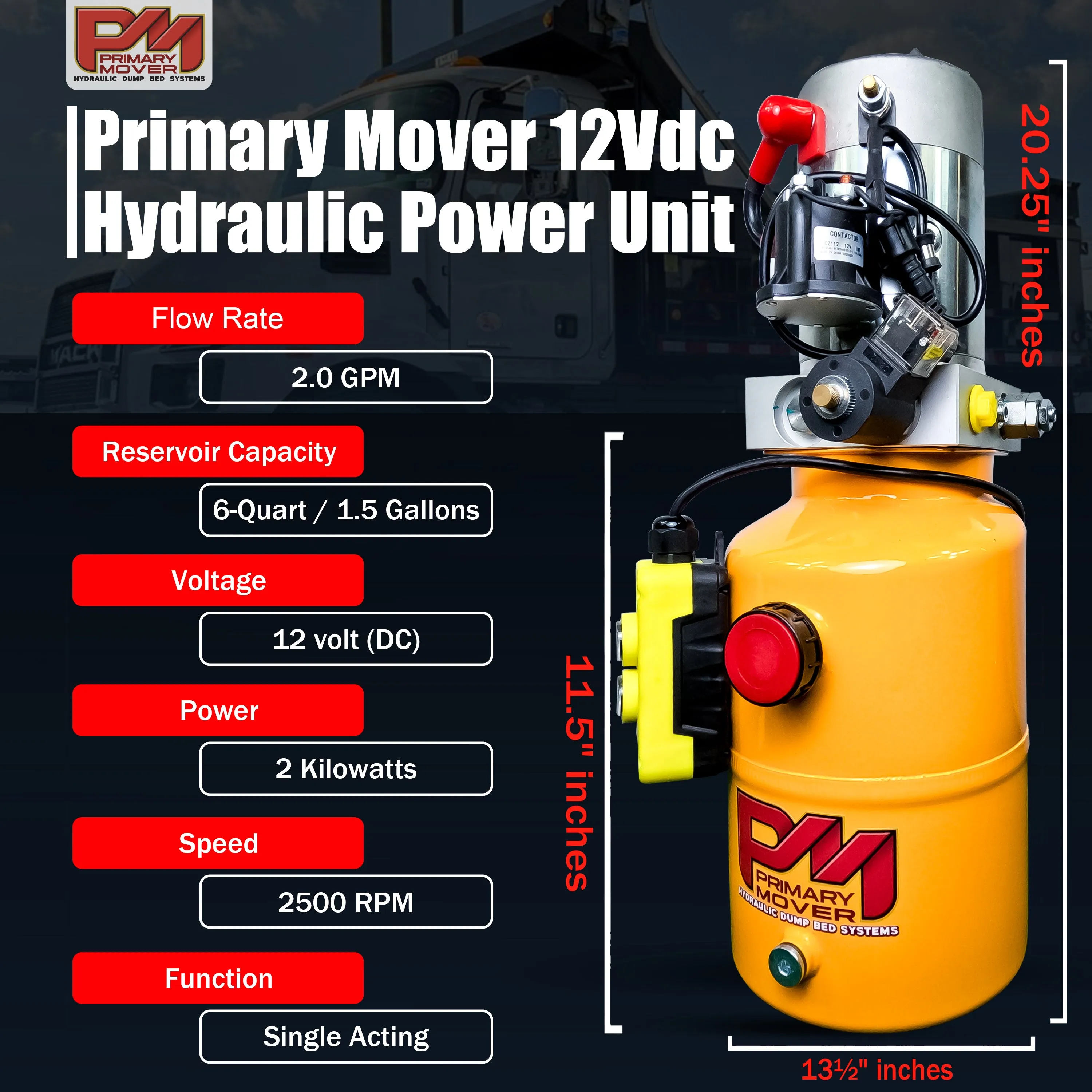 Primary Mover 12V Single-Acting Hydraulic Pump - Steel Reservoir