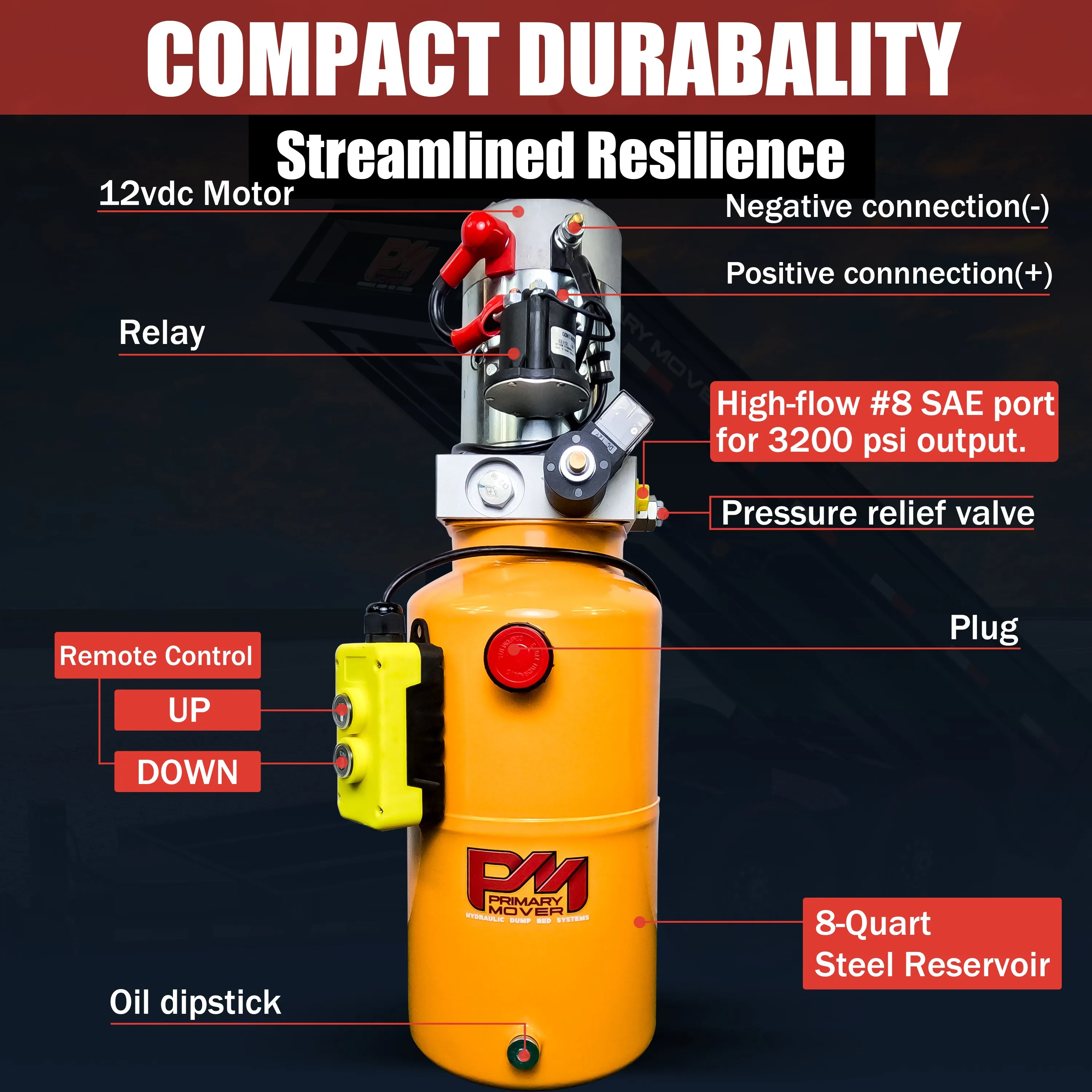 Primary Mover 12V Single-Acting Hydraulic Pump - Steel Reservoir