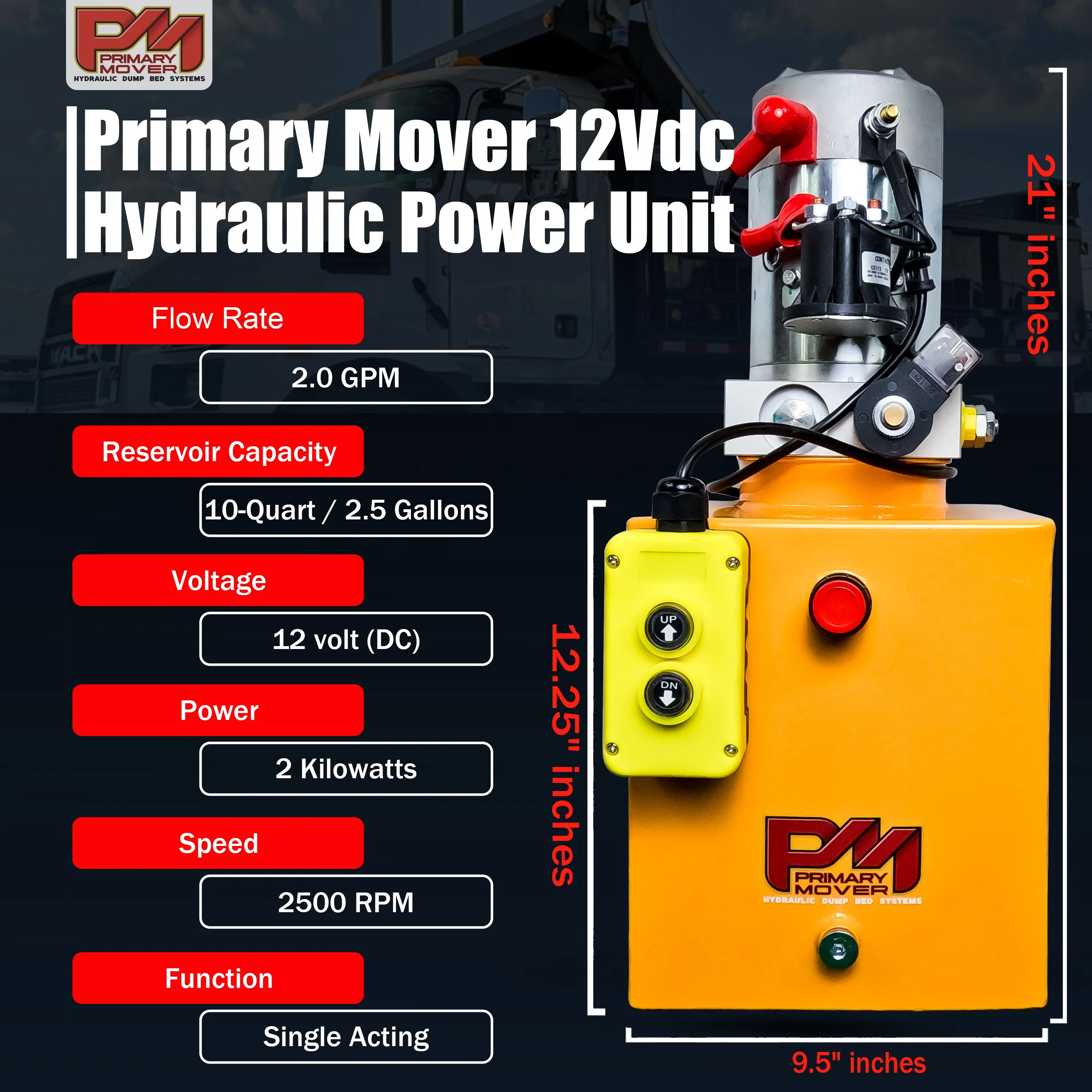 Primary Mover 12V Single-Acting Hydraulic Pump - Steel Reservoir