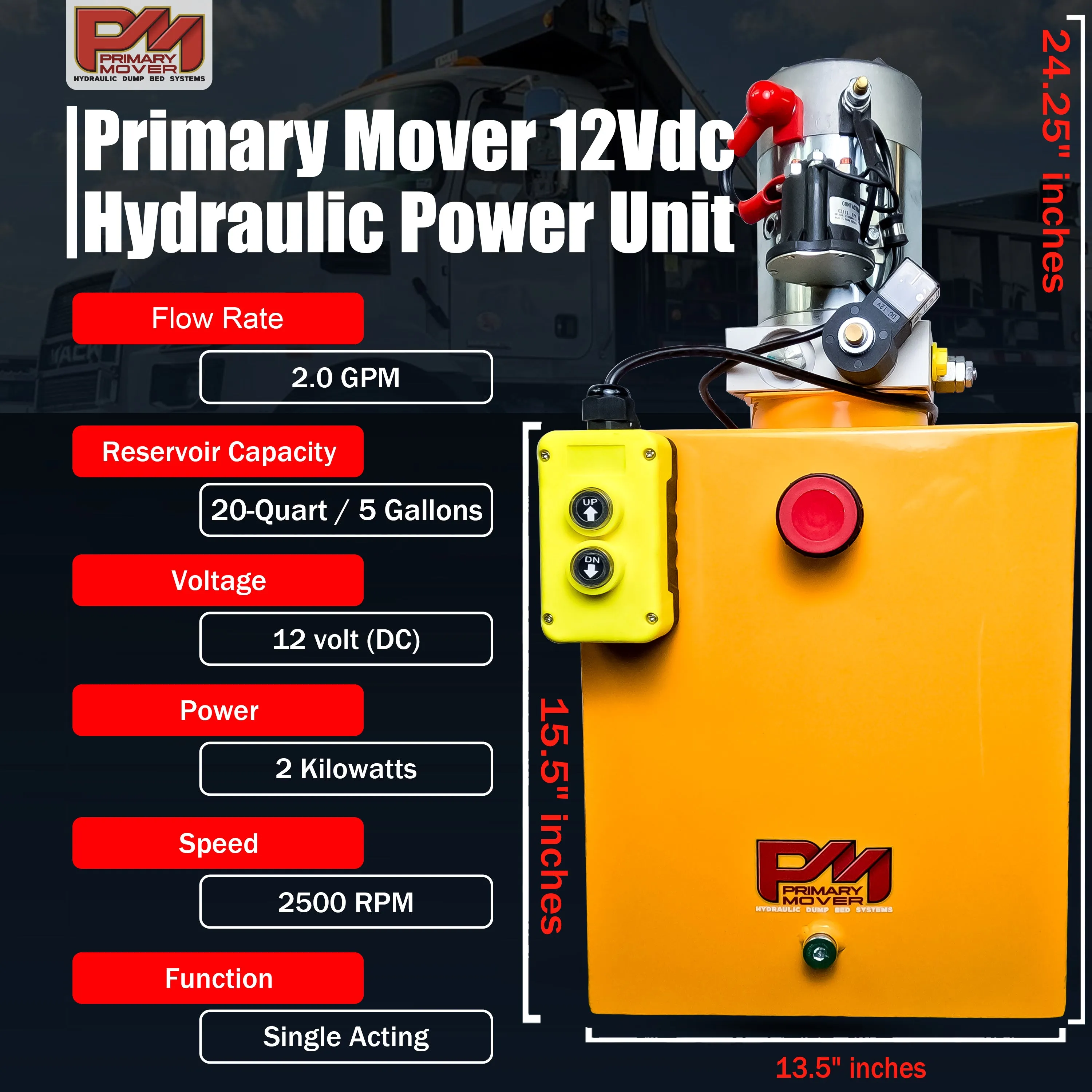 Primary Mover 12V Single-Acting Hydraulic Pump - Steel Reservoir
