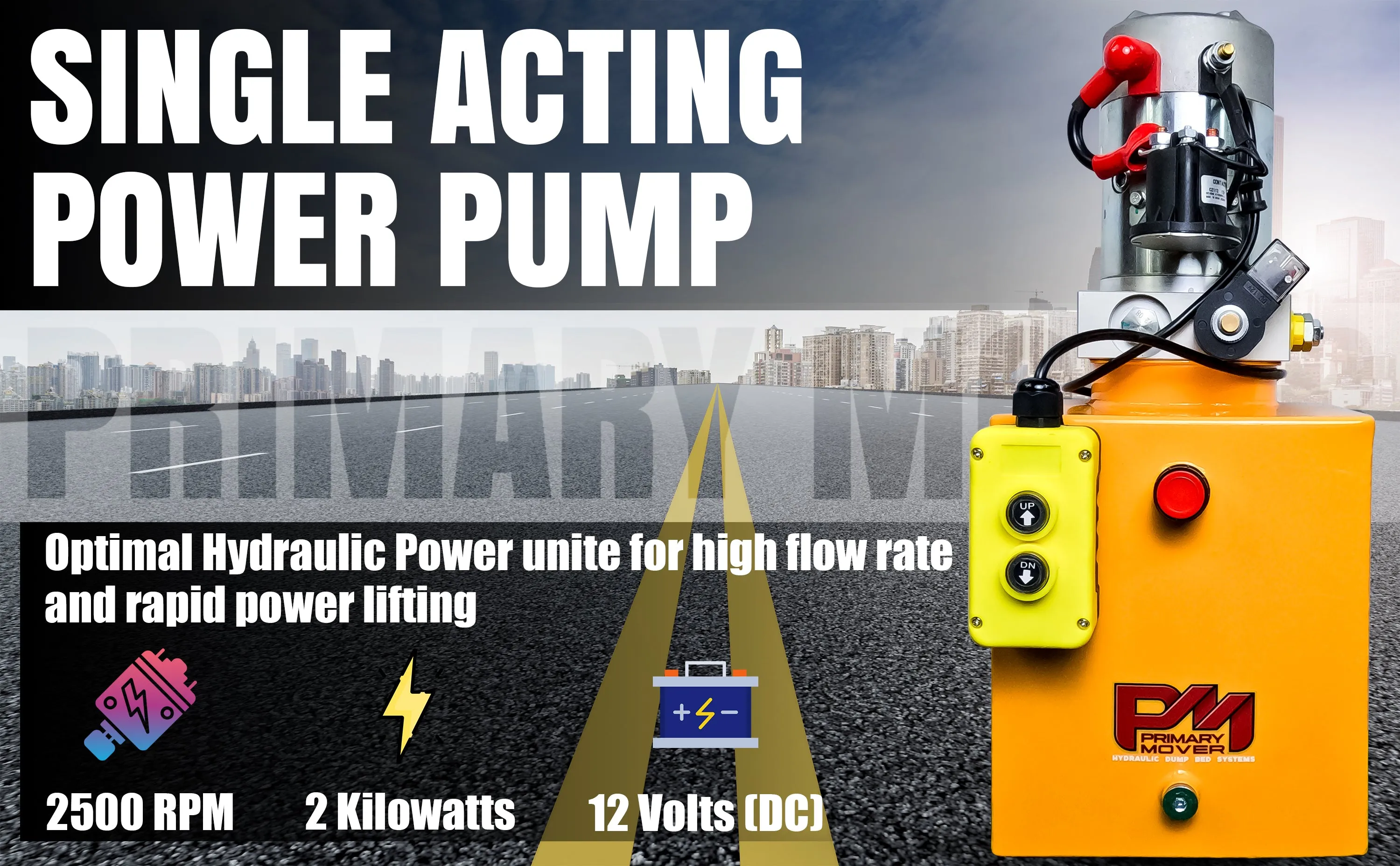 Primary Mover 12V Single-Acting Hydraulic Pump - Steel Reservoir