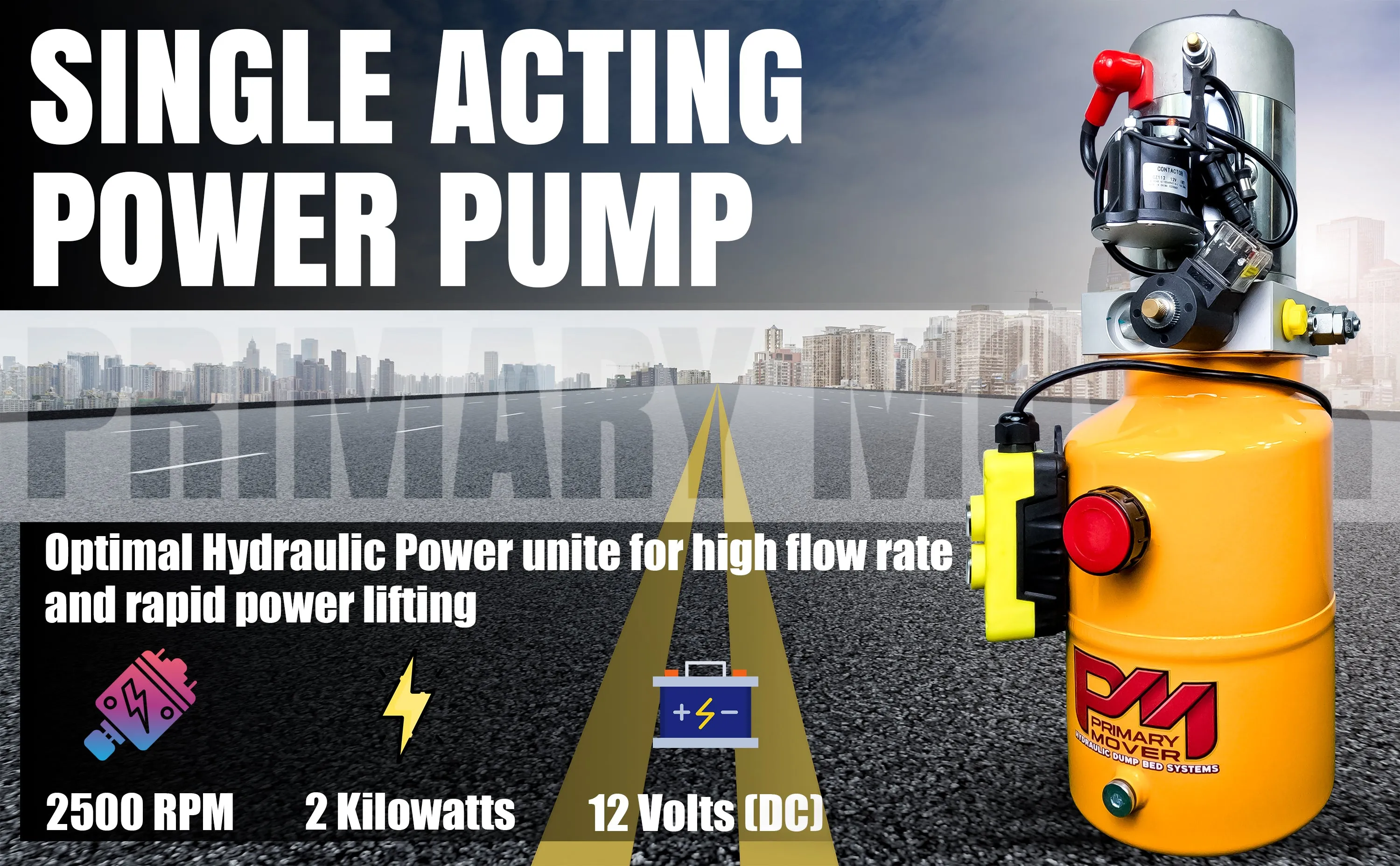 Primary Mover 12V Single-Acting Hydraulic Pump - Steel Reservoir