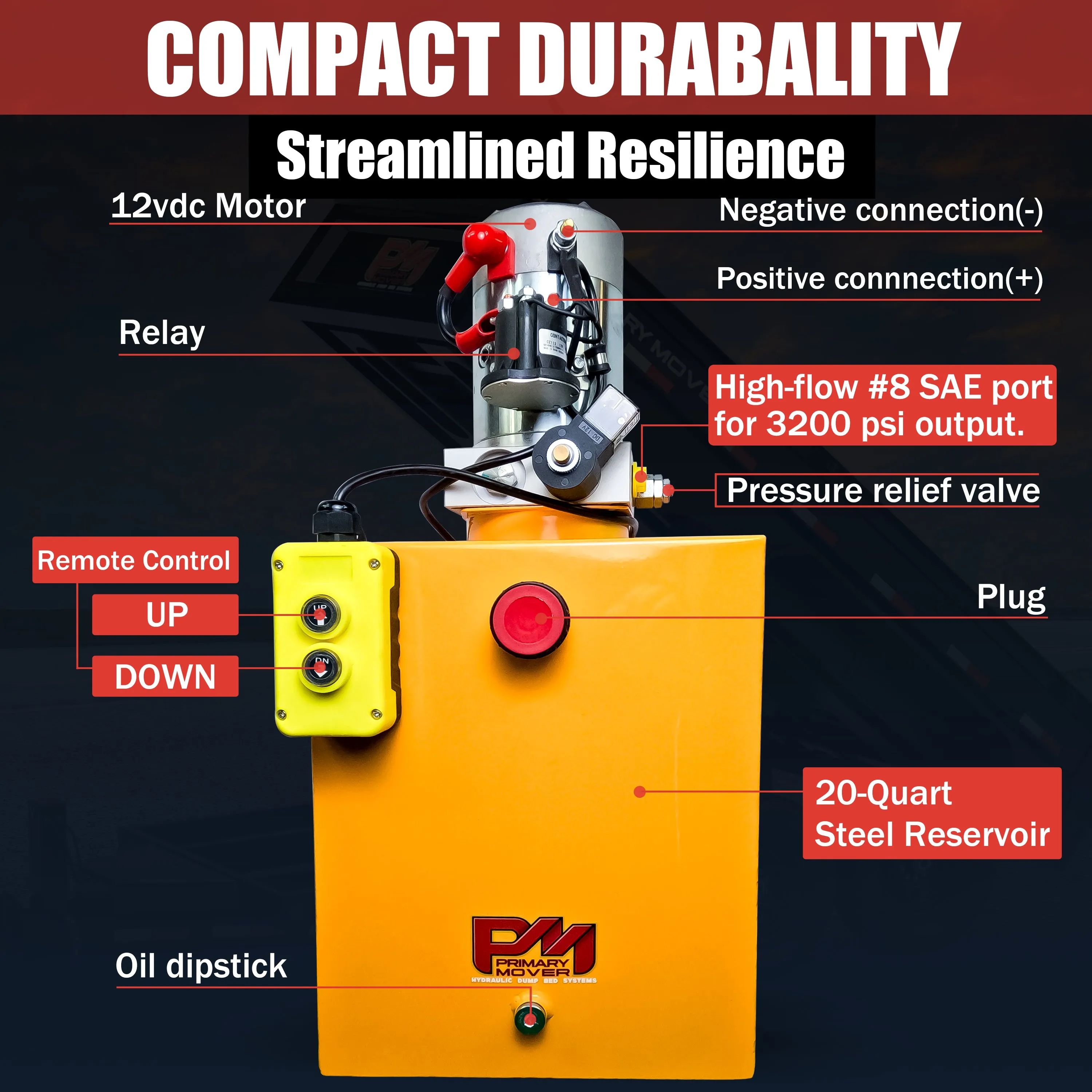 Primary Mover 12V Single-Acting Hydraulic Pump - Steel Reservoir