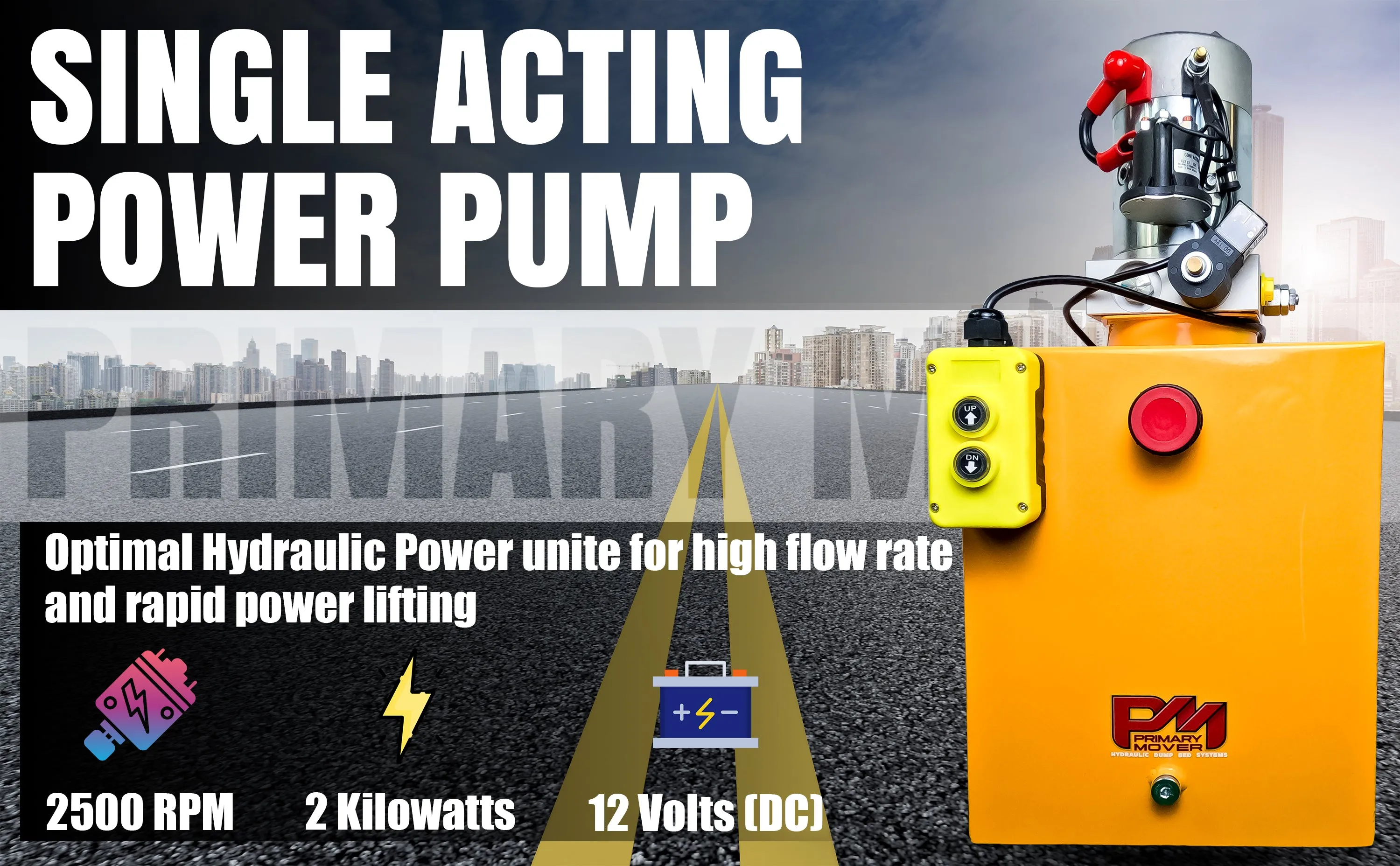 Primary Mover 12V Single-Acting Hydraulic Pump - Steel Reservoir