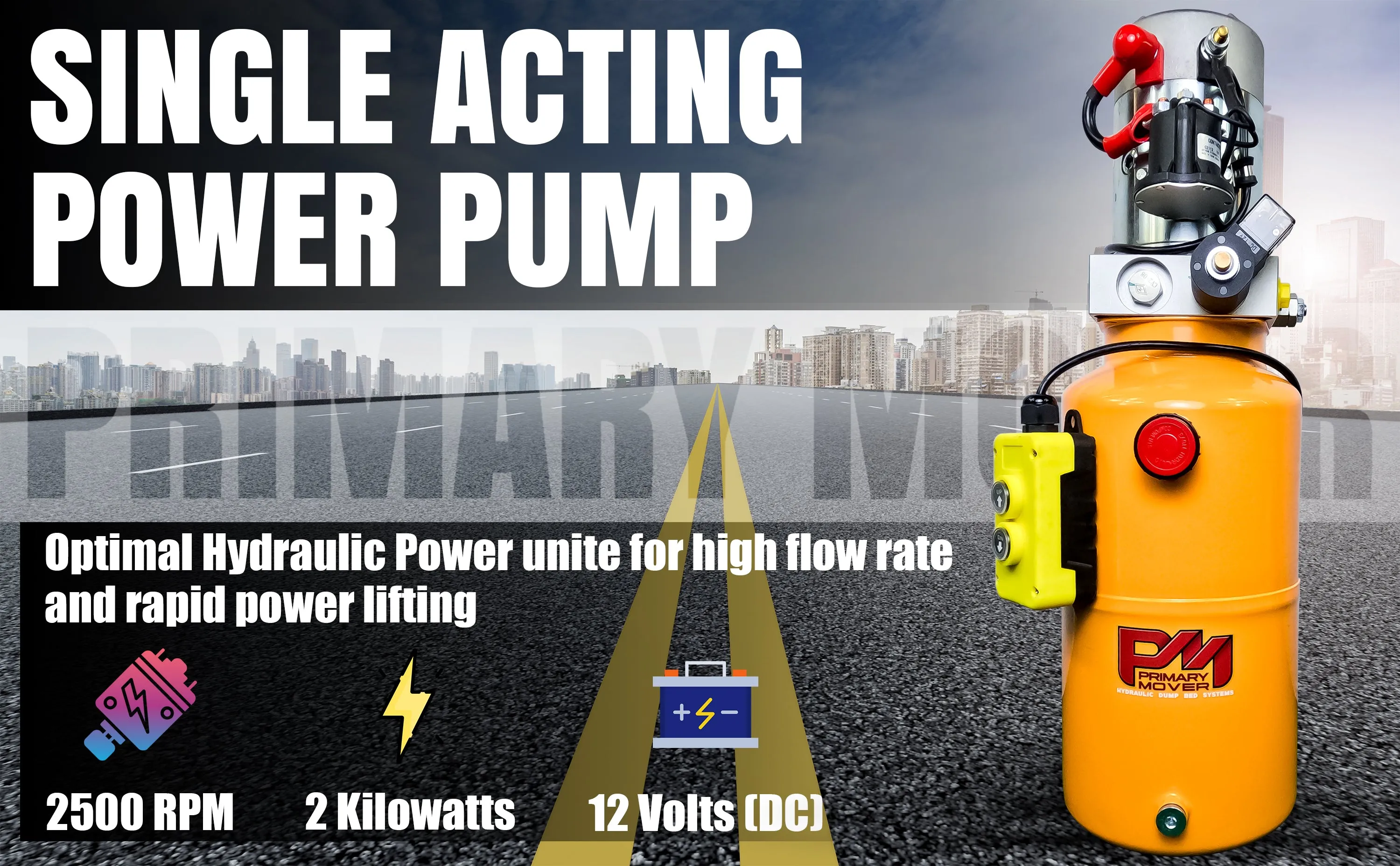 Primary Mover 12V Single-Acting Hydraulic Pump - Steel Reservoir