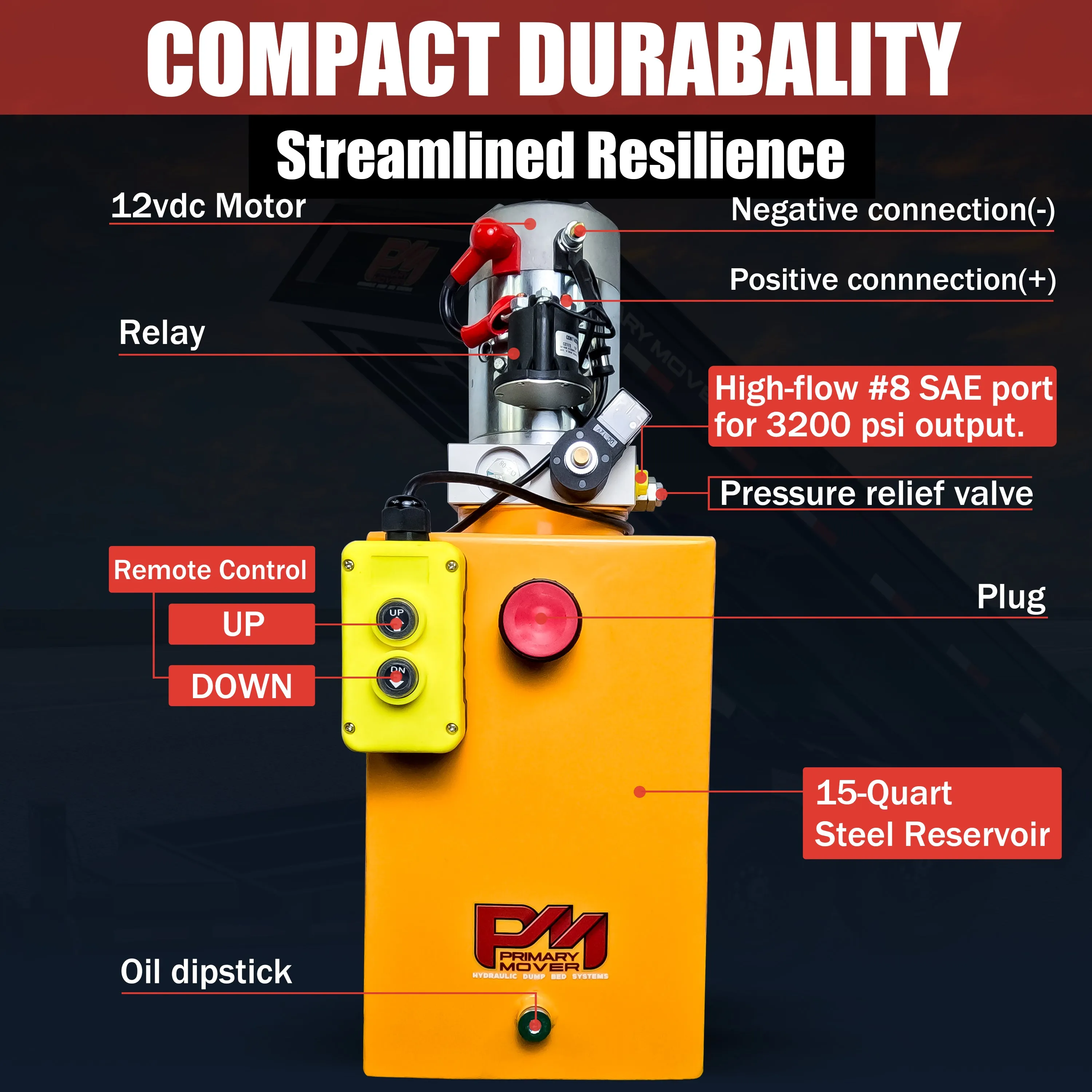 Primary Mover 12V Single-Acting Hydraulic Pump - Steel Reservoir