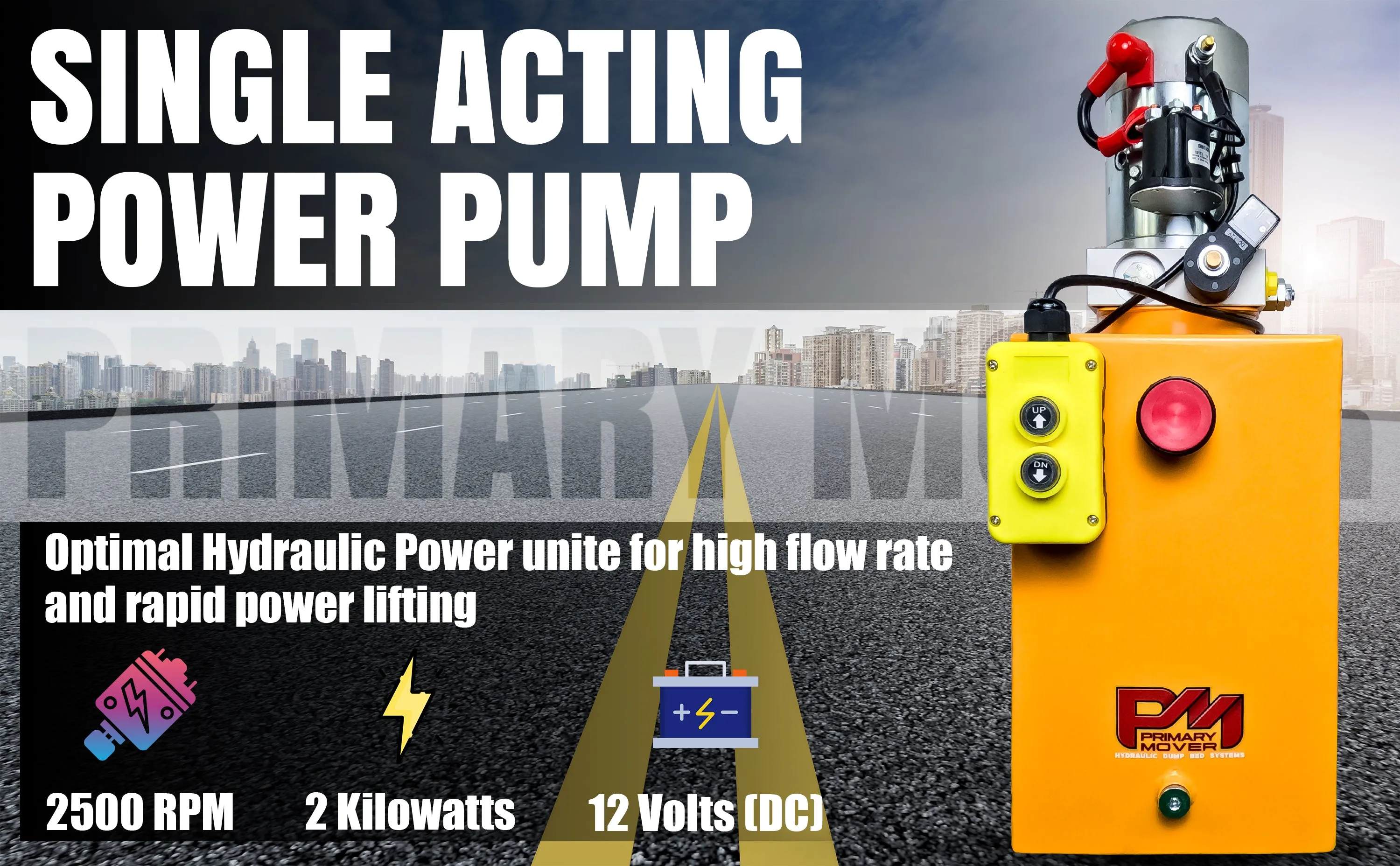 Primary Mover 12V Single-Acting Hydraulic Pump - Steel Reservoir