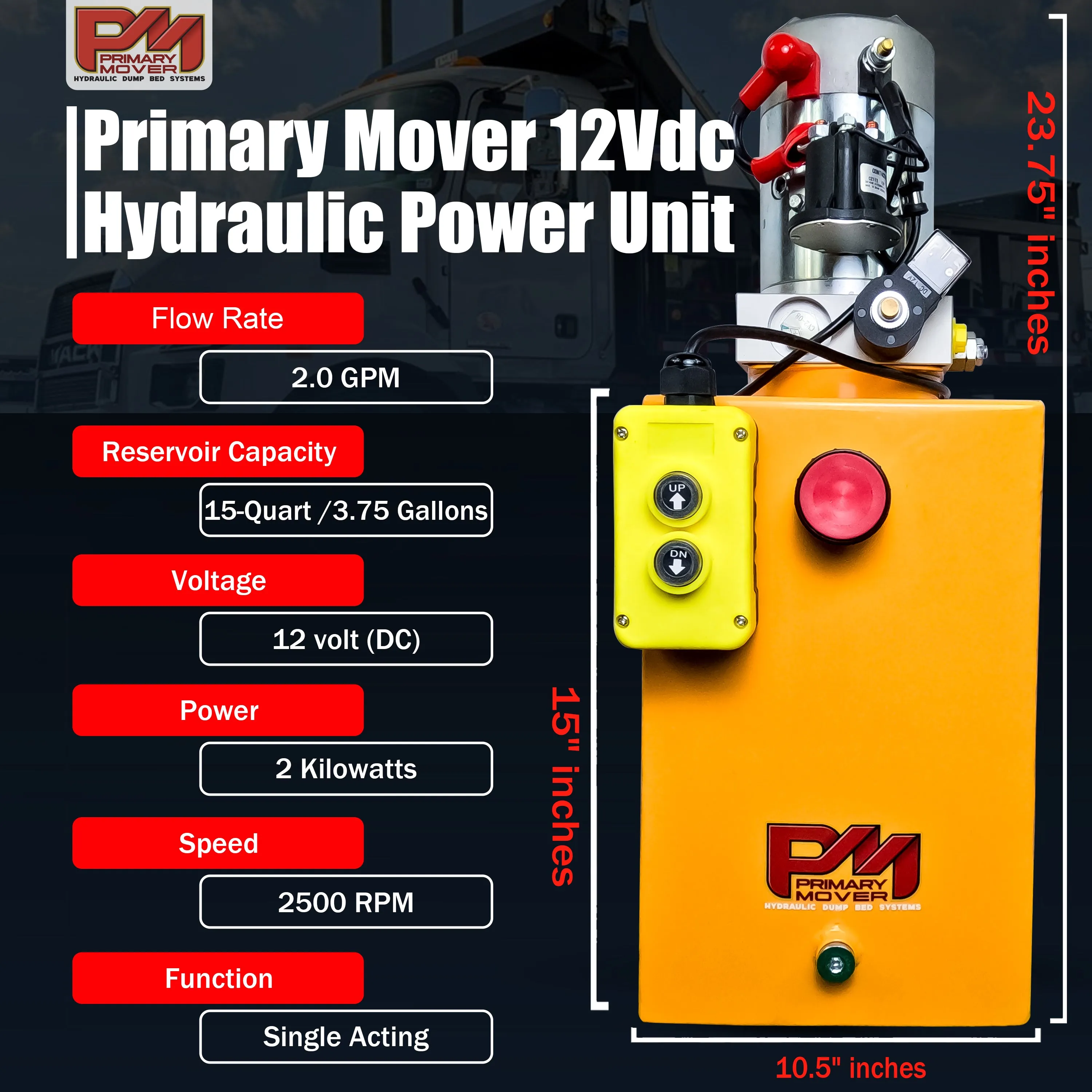 Primary Mover 12V Single-Acting Hydraulic Pump - Steel Reservoir