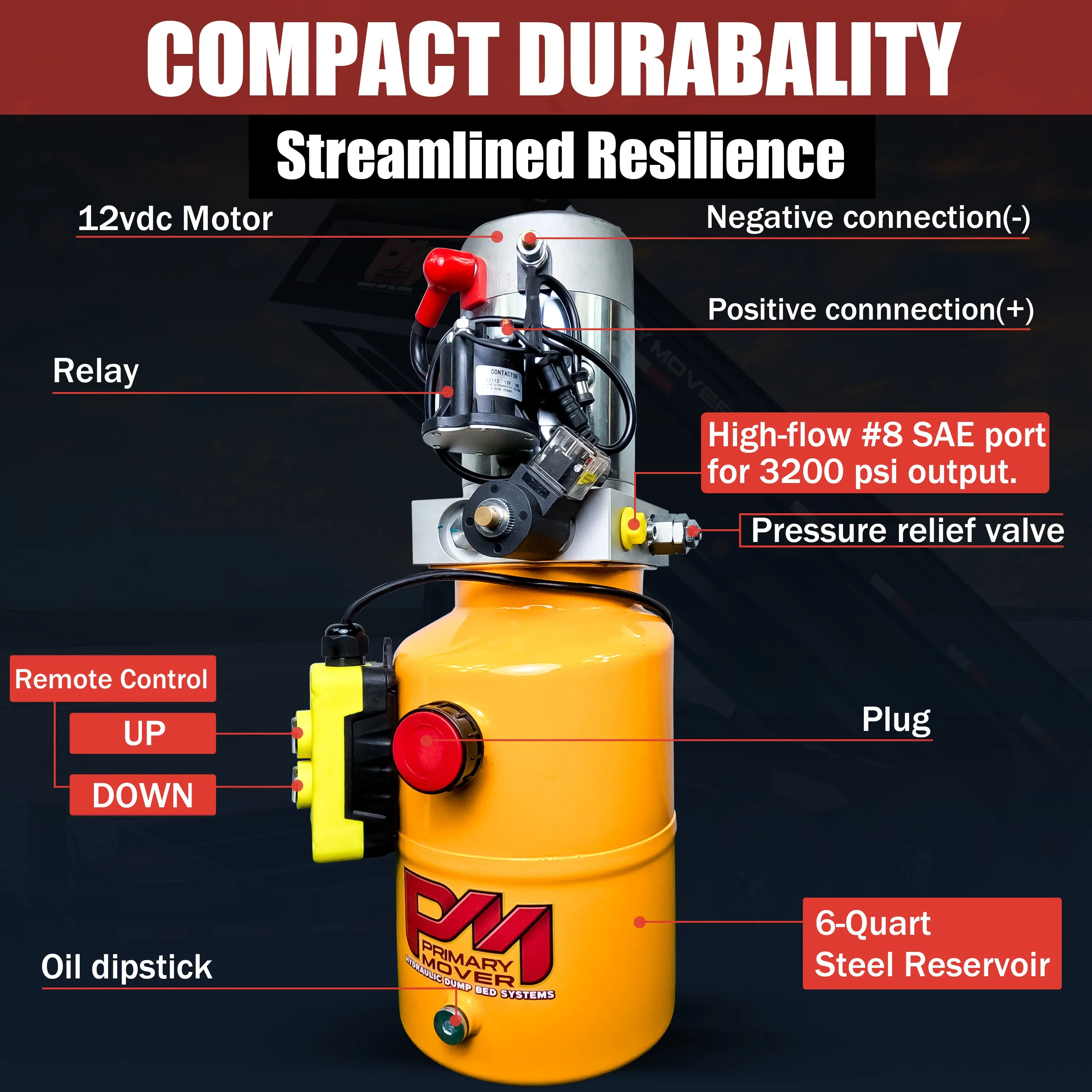 Primary Mover 12V Single-Acting Hydraulic Pump - Steel Reservoir