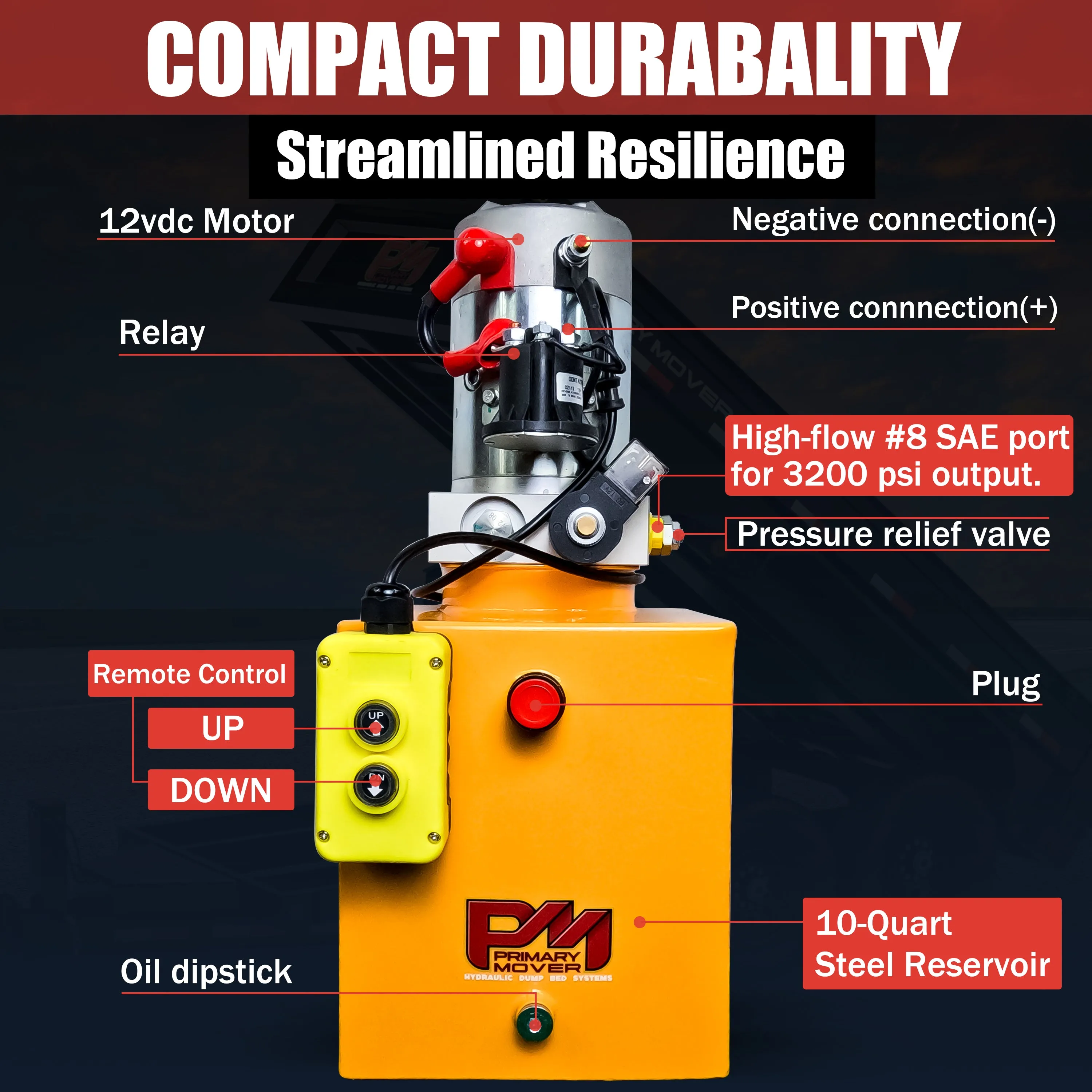 Primary Mover 12V Single-Acting Hydraulic Pump - Steel Reservoir