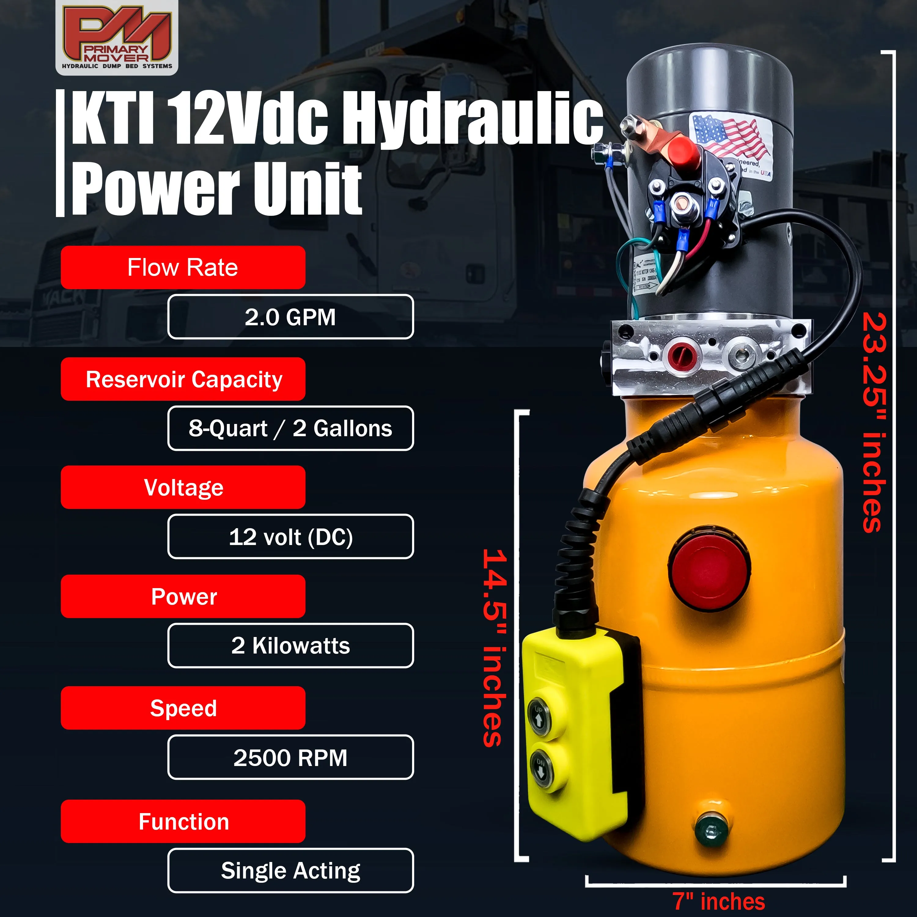 Primary Mover 12V Single-Acting Hydraulic Pump - Steel Reservoir