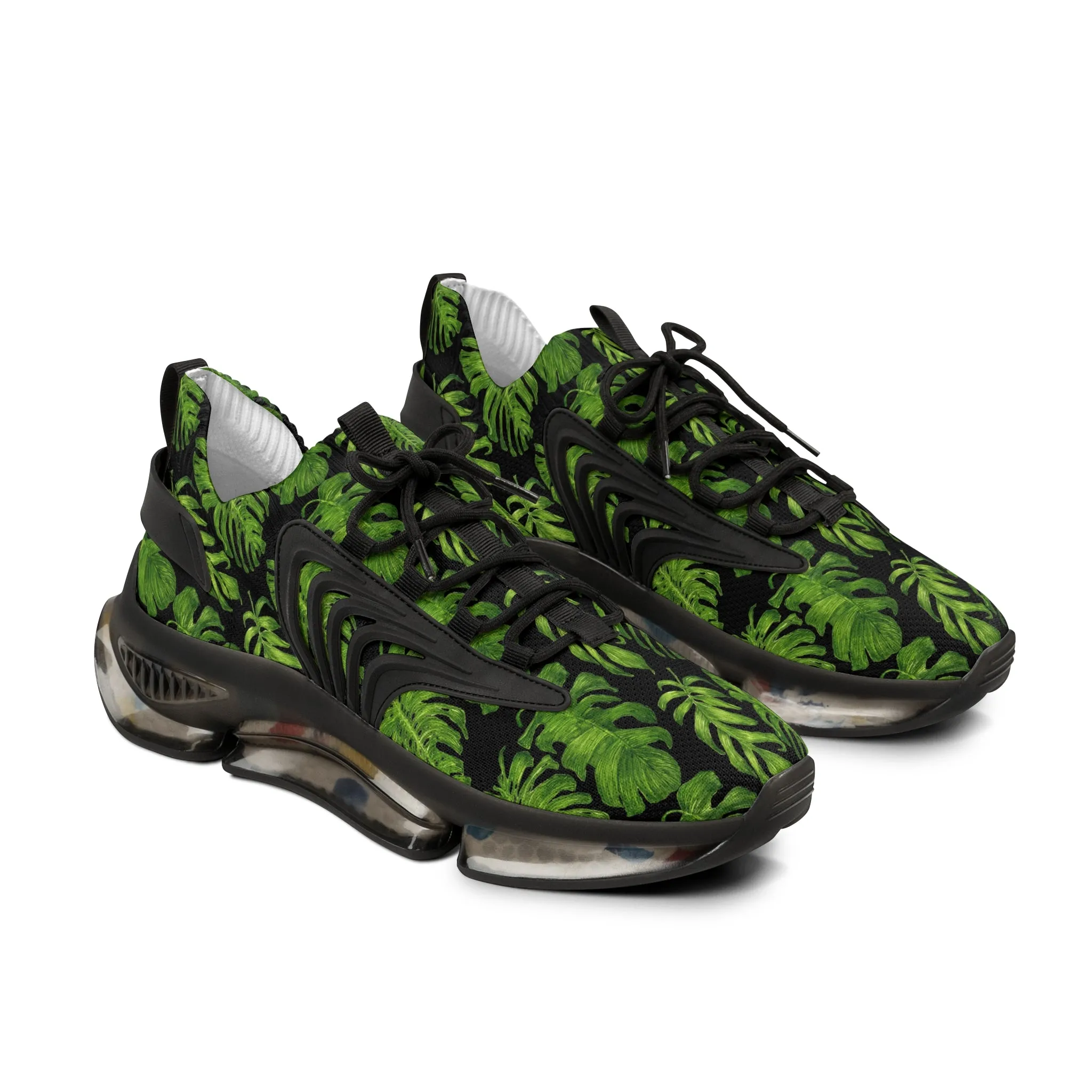 Tropical Leaves Men's Mesh Sneakers, Black and Green Tropical Leaves Print Men's Sneakers Best Comfy Men's Mesh Sports Sneakers Shoes (US Size: 5-12)