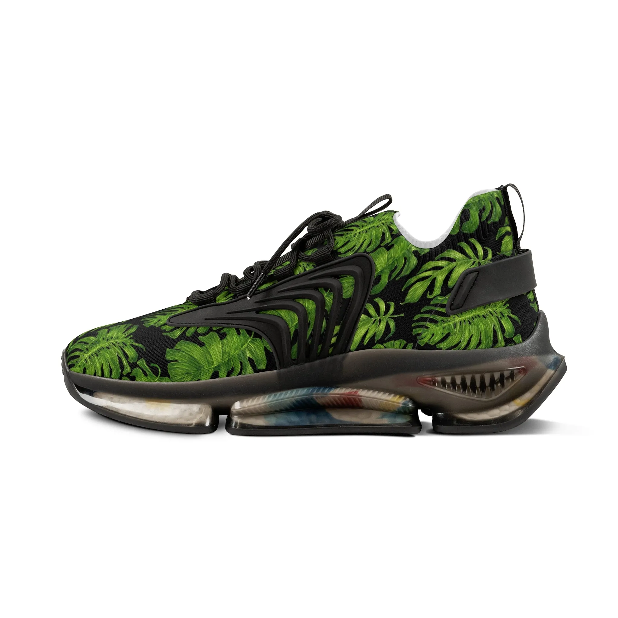 Tropical Leaves Men's Mesh Sneakers, Black and Green Tropical Leaves Print Men's Sneakers Best Comfy Men's Mesh Sports Sneakers Shoes (US Size: 5-12)