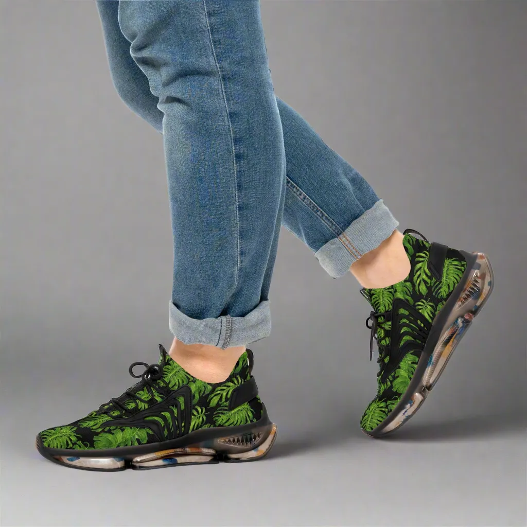 Tropical Leaves Men's Mesh Sneakers, Black and Green Tropical Leaves Print Men's Sneakers Best Comfy Men's Mesh Sports Sneakers Shoes (US Size: 5-12)